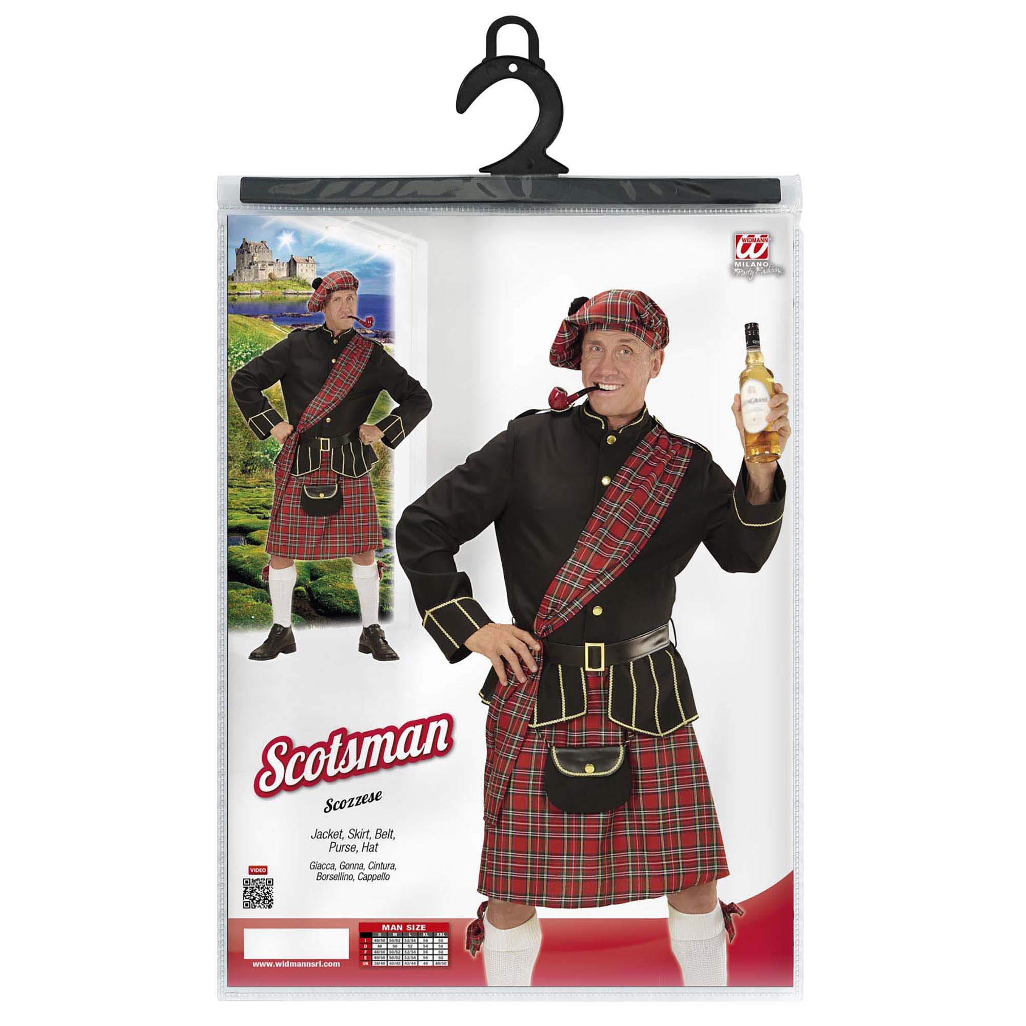 W WIDMANN MILANO Party Fashion - Costume da scozzese, giacca, gonna/kilt, cintura, borsa, cappello, Scozia, festa a tema, carnevale