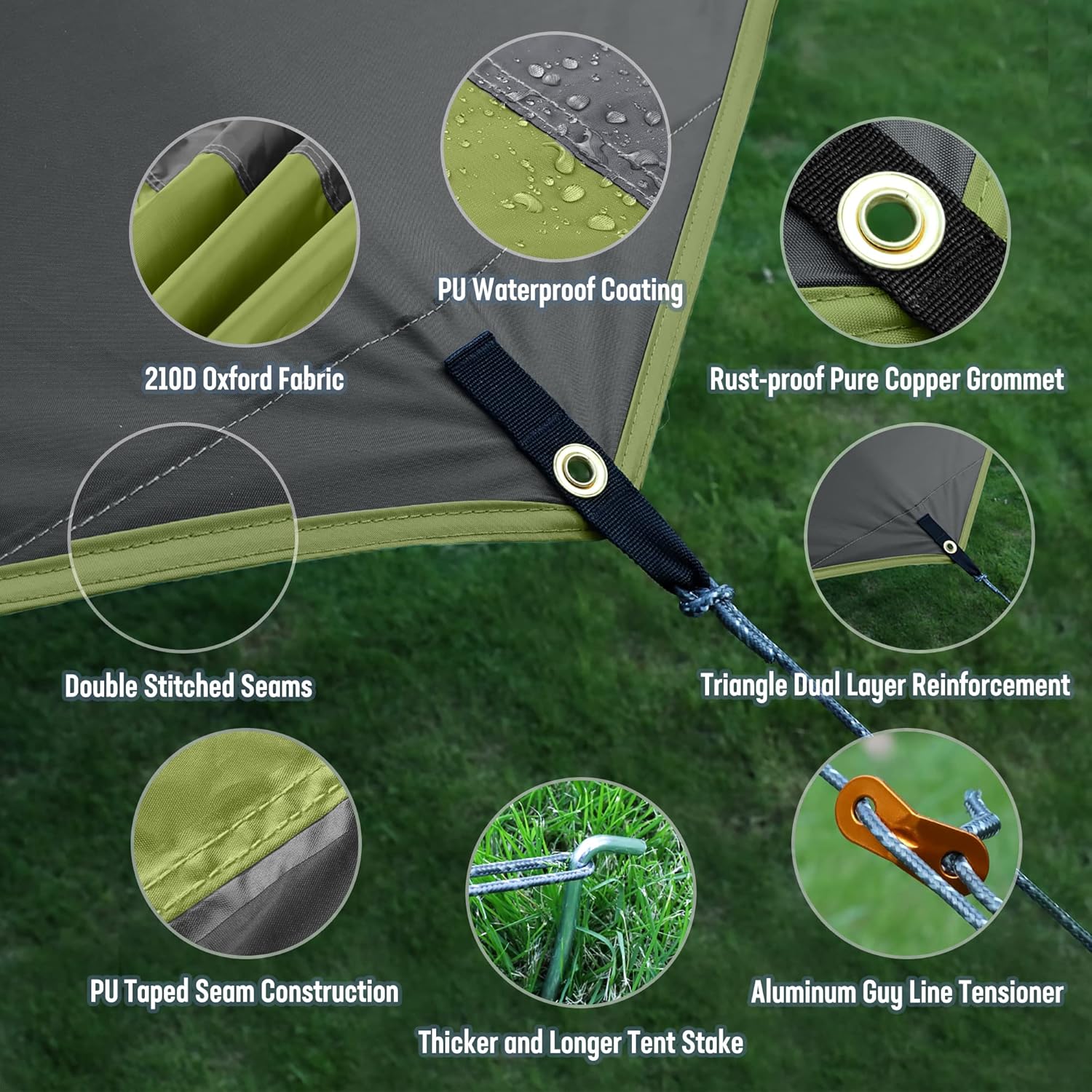 VILLEY Camping Tarps for Tents, Portable Waterproof Hammock Rain Fly, Easy Set Up Camping Shelter Sunshade Canopy for Outdoor Fishing, Backpacking, Hiking, Survival Gear- Heptagonal, Green