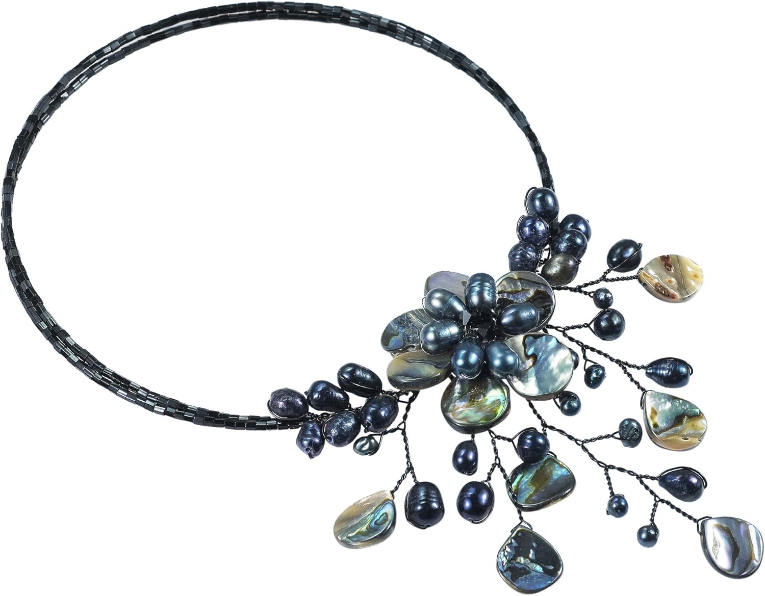 Pretty Black Abalone Shell Flower Ray Choker Wrap Necklace