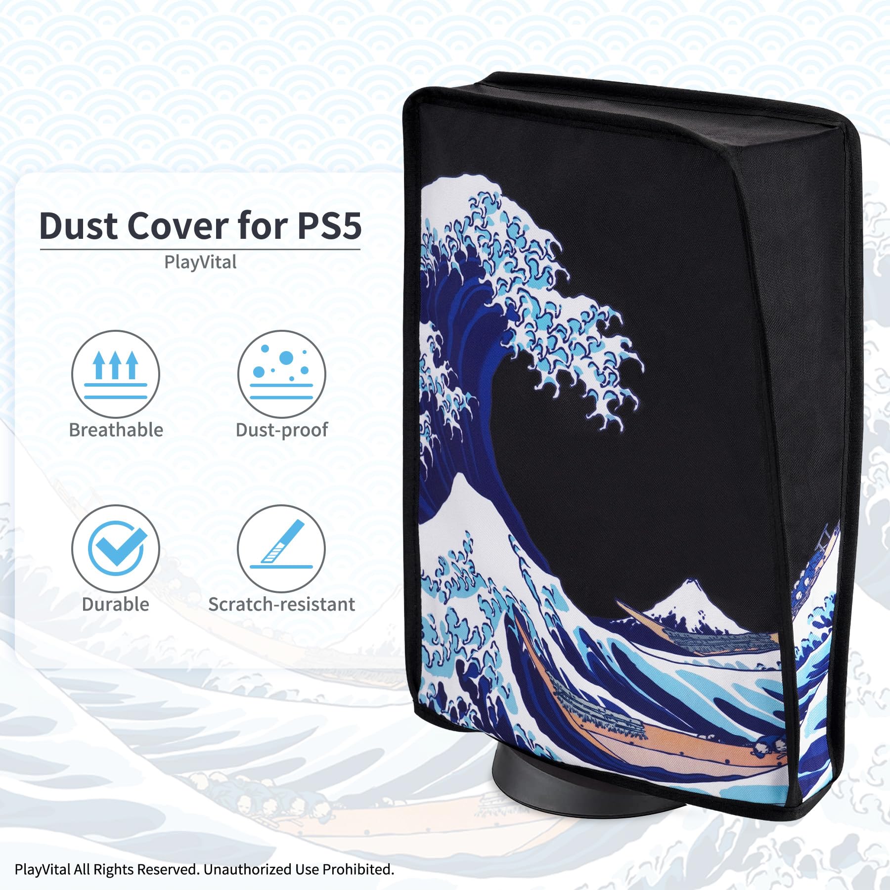 PlayVital Cover per ps5 Console, Copertura Antipolvere Impermeabile Verticale in Nylon per ps5 Standard Console Disc&Digital Edition (Non per Slim/Pro),Grande Onda Nera