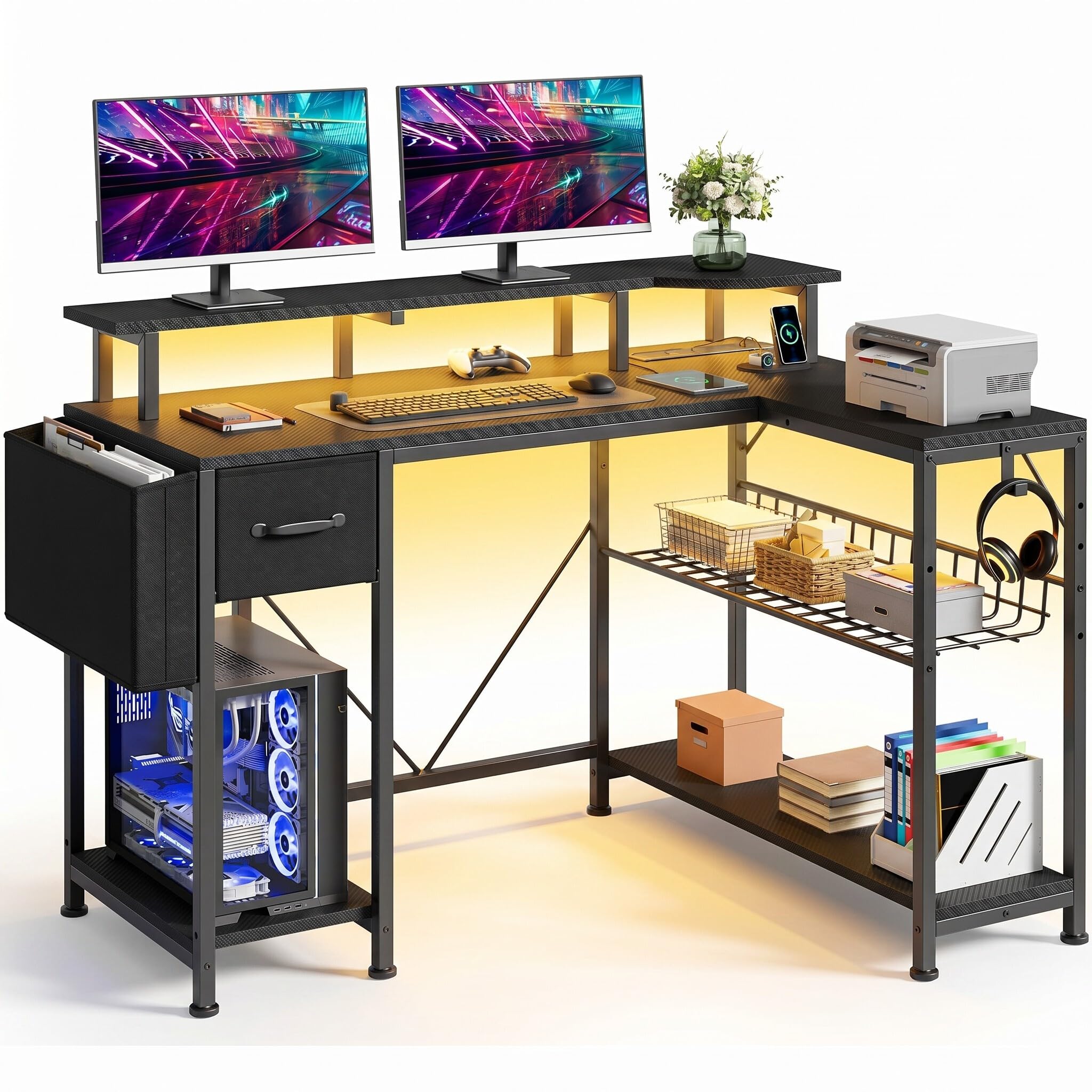 YITAHOME Computer Desk with Power Outlet LED Light 120cm Black