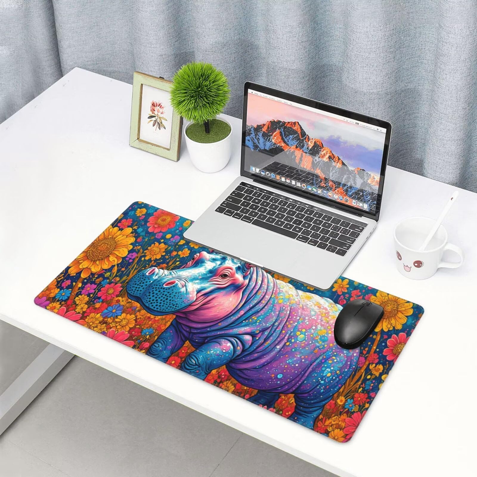 Tapis de Souris XXL 1200x600 mm, Fleur Tapis de Souris Hippopotame Tapis Souris XXL 120 X 60 CM, Antidérapant sous Main Bureau à Bords Cousus, Mouse Pad avec Surface en Caoutchouc antidérapant U-565
