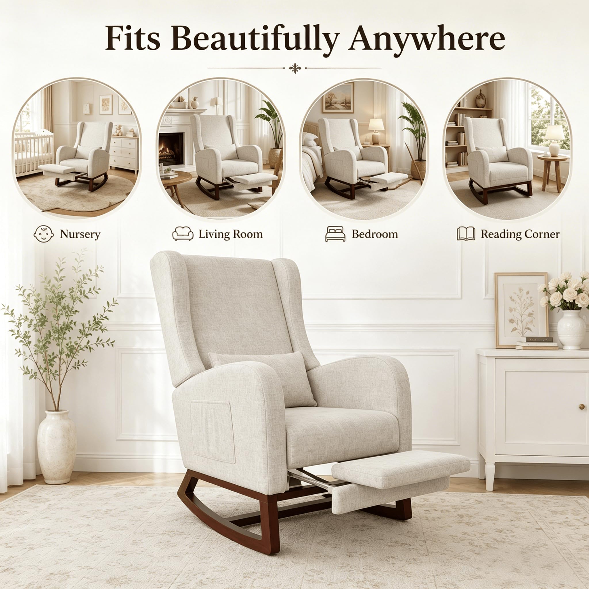 Sillón Mecedora con Reposapiés Extensible y Cojín, Butaca Mecedora Tapizada en Tejido de Terciopelo Suave con Bolsillos Laterales, Silla Relax con Patas de Madera para Salón y Dormitorio, Beige