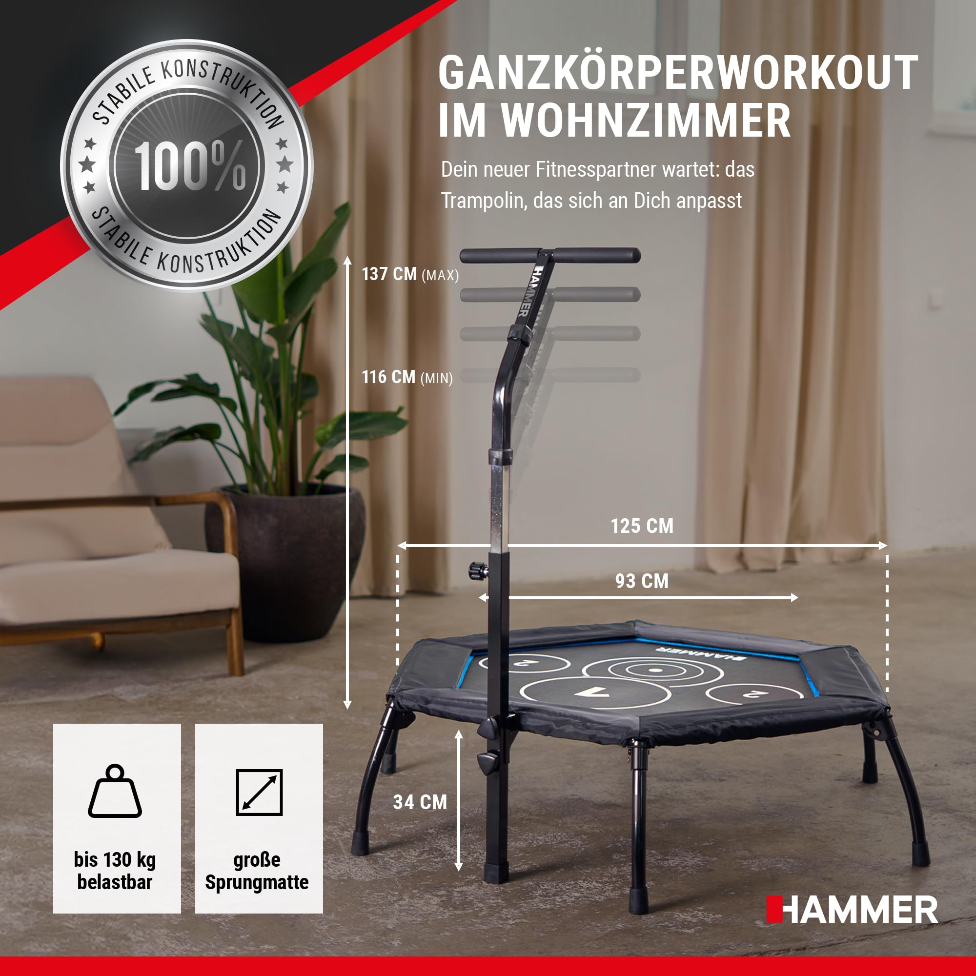 HAMMER Fitness-Trampolin Cross Jump, 98 cm Sprungfläche, patentierte Technik, mehrfach höhenverstellbarer Haltegriff, leistungsstark bis 130 kg Benutzergewicht