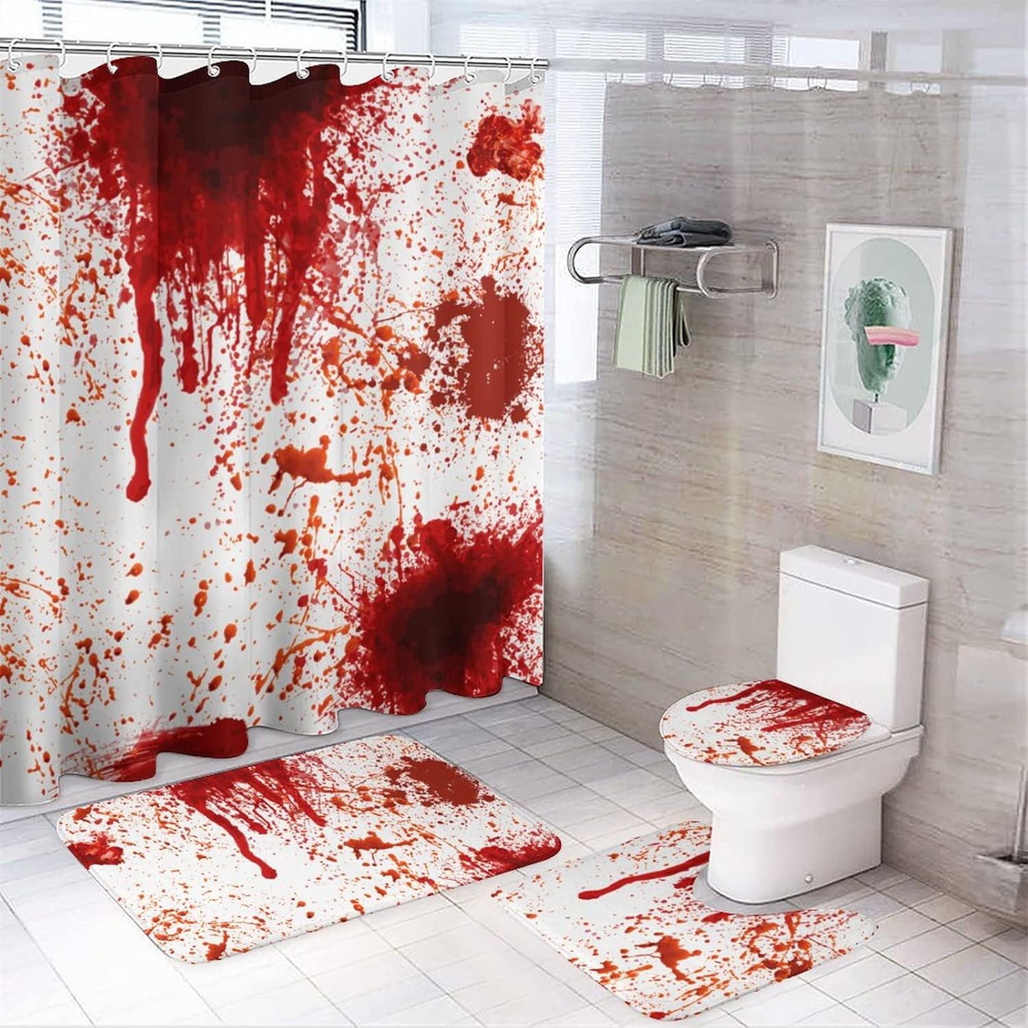 Mvirnsw 4 Pcs Blood Splatter Horror Shower Curtain Set with Rug Bathroom Curtains Shower Set Toilet Mat Lid Rug Bathroom Sets Shower Curtain Sets with 12 Hooks, 72"x72"