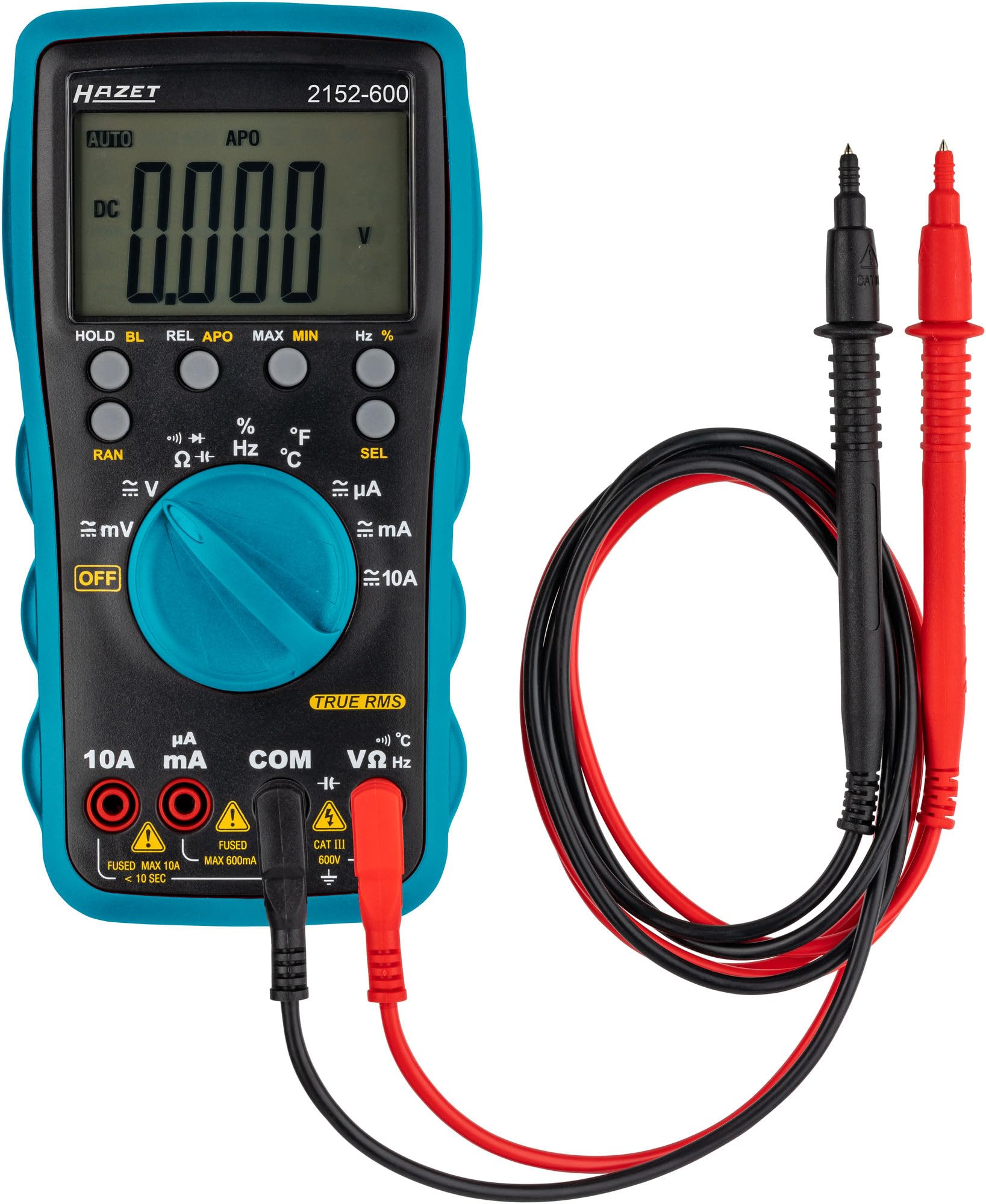 HAZET Multimeter 2152-500 I Digital Tester with LC Display, 0-600 V, Voltage, Frequency, Capacitance, Temperature and Current Meter with 2 Batteries with Data Hold