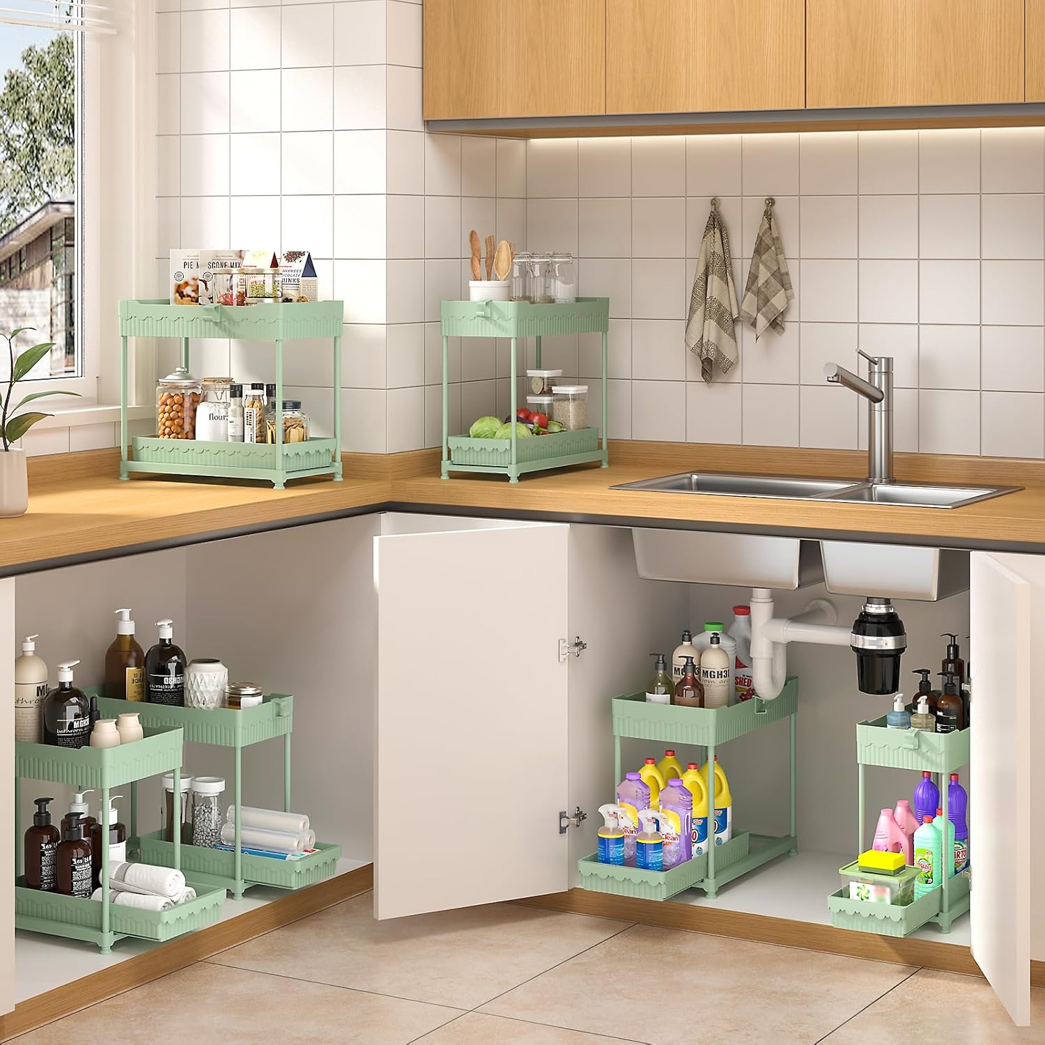 Under Sink Organizer, Bathroom Organizers and Storage, 2 Tier Multi-Use Pull Out Cabinet Organizer with Hang Hooks and Cups (Green, 4 Pack) - Image 4