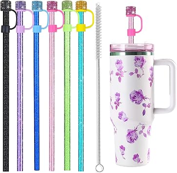 6 Pack Replacement Swirl Straws and Diamond Straw Cover for Stanley Tumbler Cups, with Cleaning Brush, Compatible with 40 oz Stanley Water Jug, 6 inch Glitter Straws