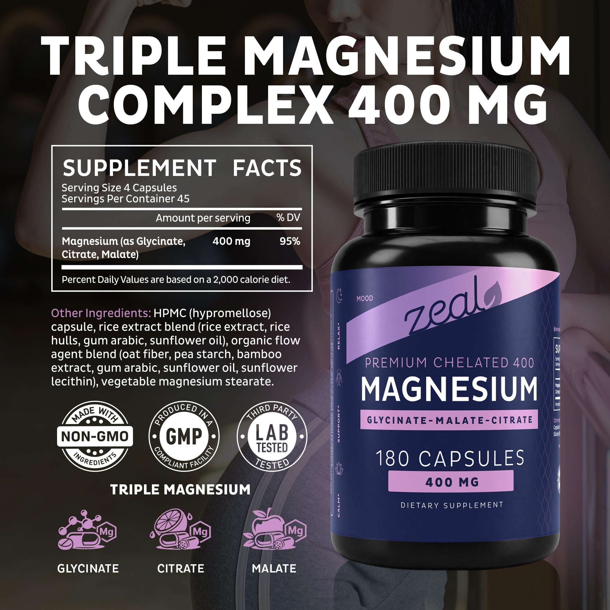 Zeal Naturals Triple Magnesium Complex Supplement - Glycinate, Malate, Citrate | 400mg, 180 Capsules | High Absorption Chelated Magnesium for Sleep, Mood, Muscle Recovery, Relaxation — Amazon image 7