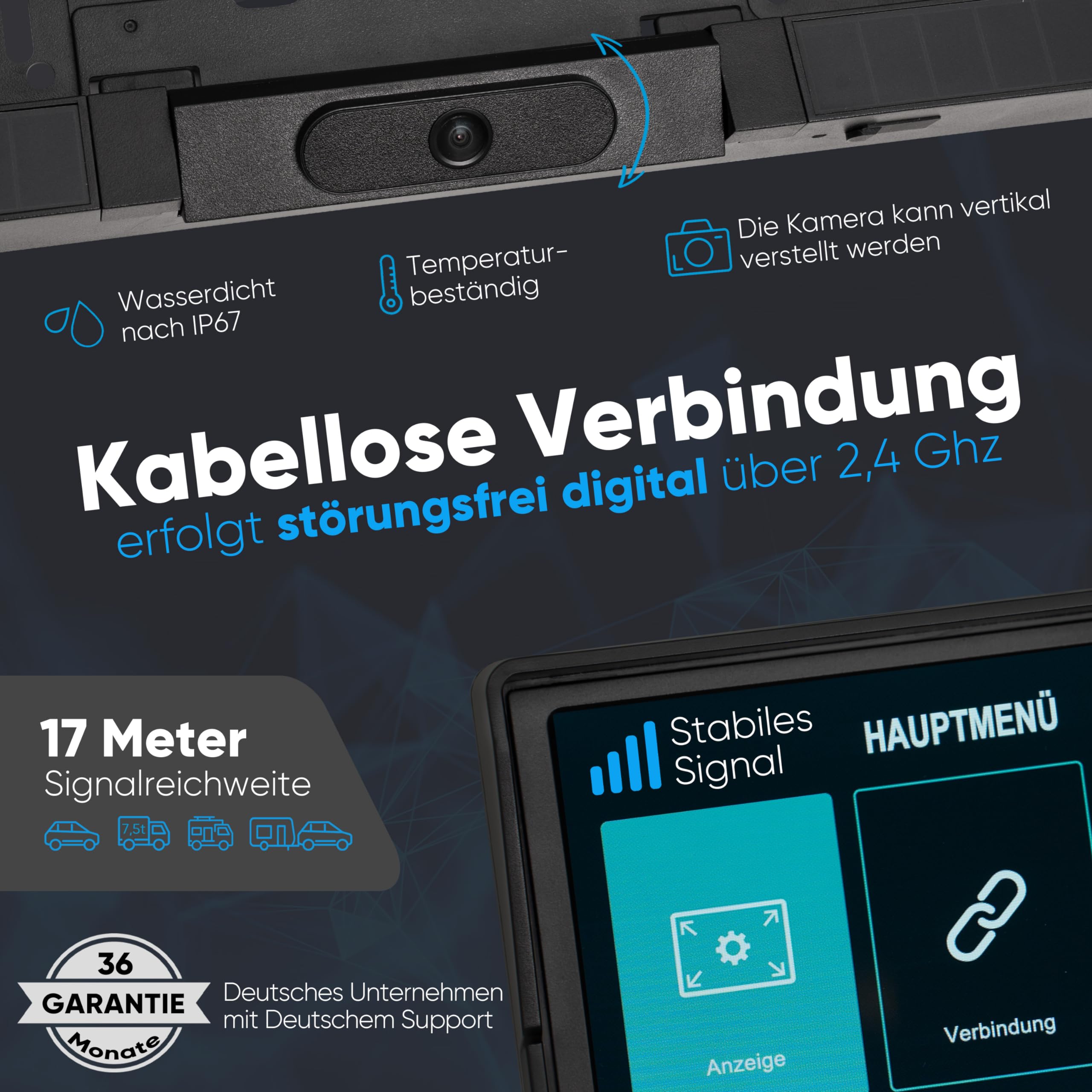 omniVID® Solar6 Premium Solar 5 Zoll Rückfahrkamera-System mit Parksensoren, Kabellos mit 5 Zoll Monitor u. solarbetriebender Kamera zum Nachrüsten mit PDC, Montage ohne Bohren, IP67 wasserdicht | Kabellos mit solarbetriebener Kamera und PDC, ohne Bohren