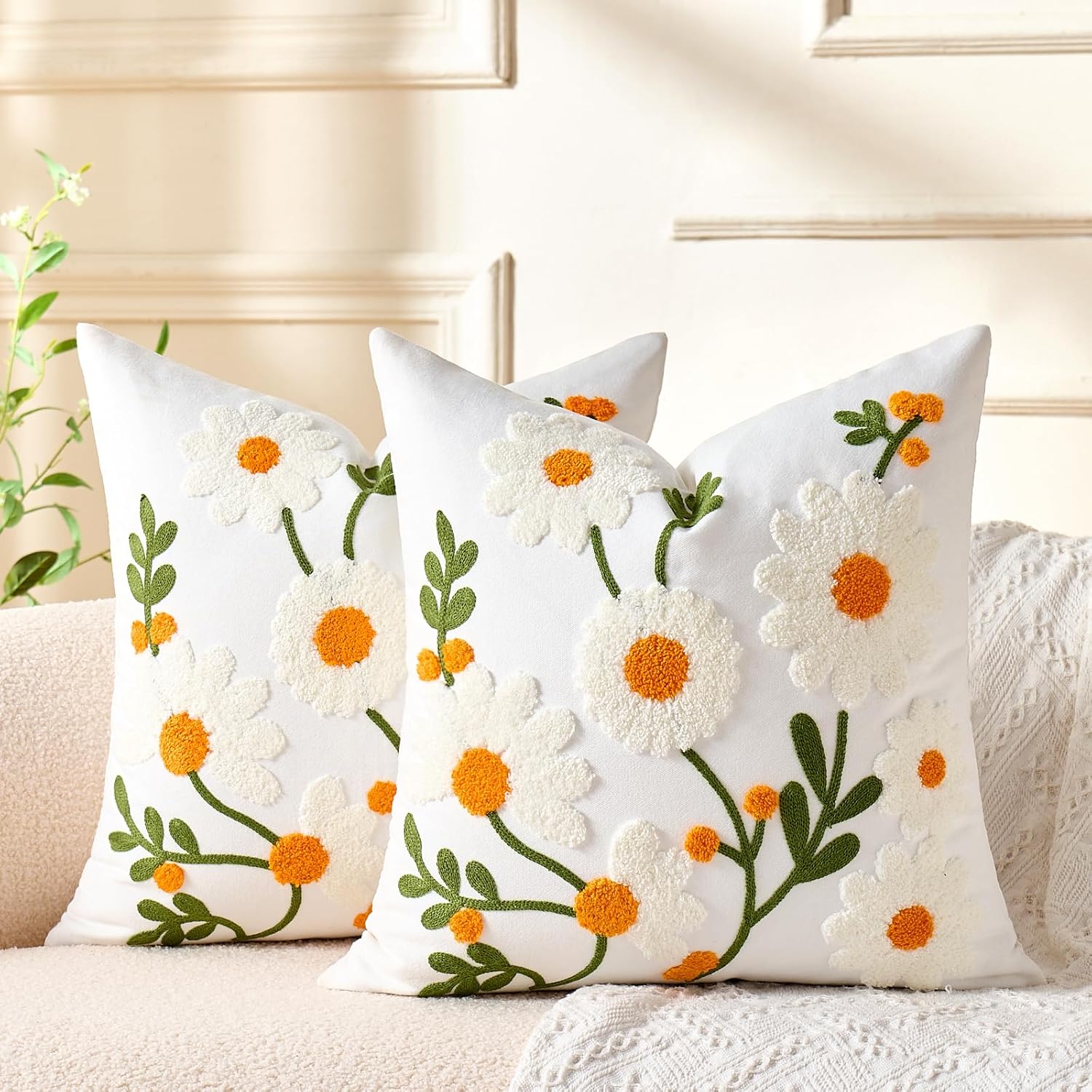 Embroidered Floral Throw Pillow Covers Decorative Tufted Couch Pillow Covers White Flowers Farmhouse Pillow Covers 20x20 Square Summer Cushion Cases Set of 2 for Living Room Couch Sofa Bed Home Decor