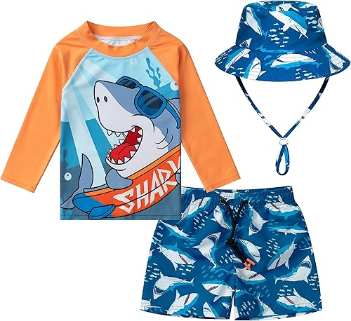 Conjunto de traje de baño de 3 piezas para niños pequeños y bebés, protector de erupción, gorro y traje de baño con protección solar UPF 50+