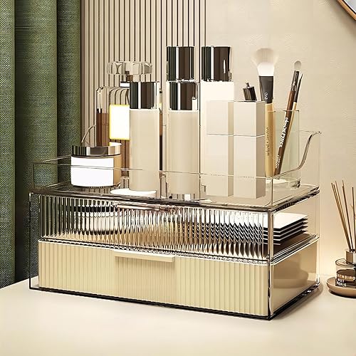 Miniatura 2 de DASITON Caja de almacenamiento de dos capas a prueba de polvo, soporte para brochas de maquillaje, caja de almacenamiento de escritorio de gran