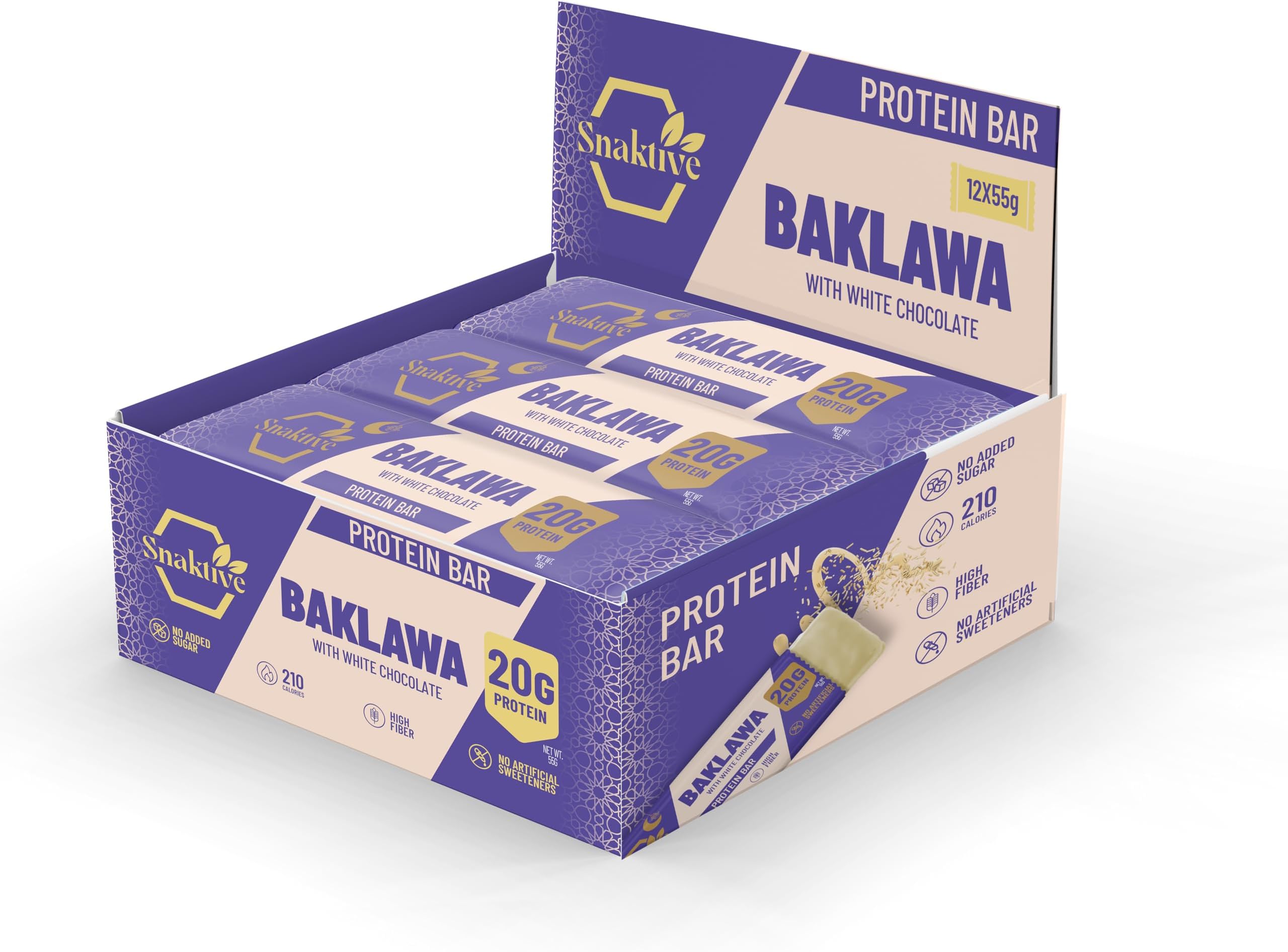 Snaktive Baklawa Protein Bars, High Protein and High Fiber Natural Clean Bar, 12x55G Crunchy Bars, Pre & Probiotics