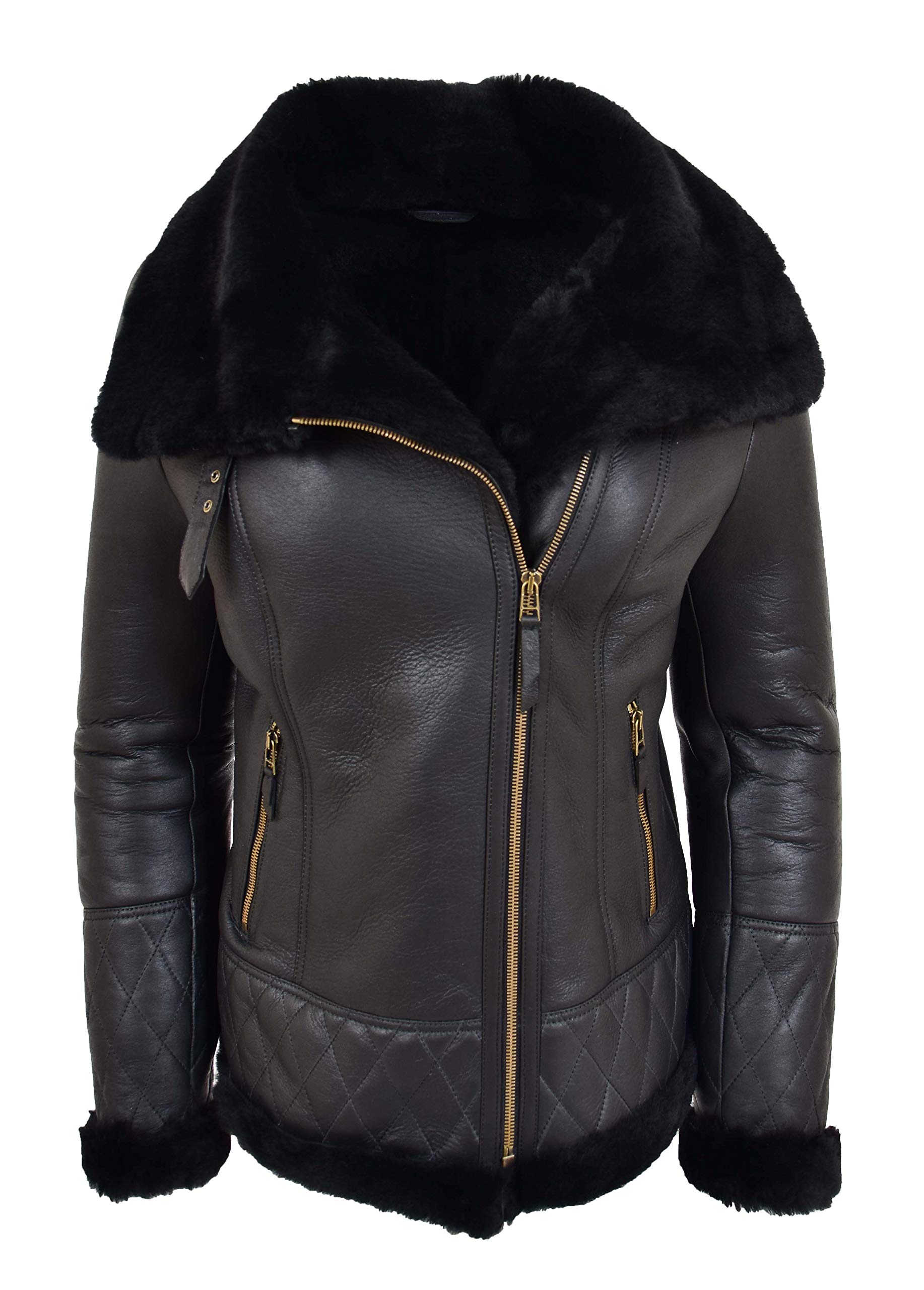 House Of Leather Womens Real Sheepskin Jacket Aviator Pilot Flying Shearling Isabelle (14, Black)