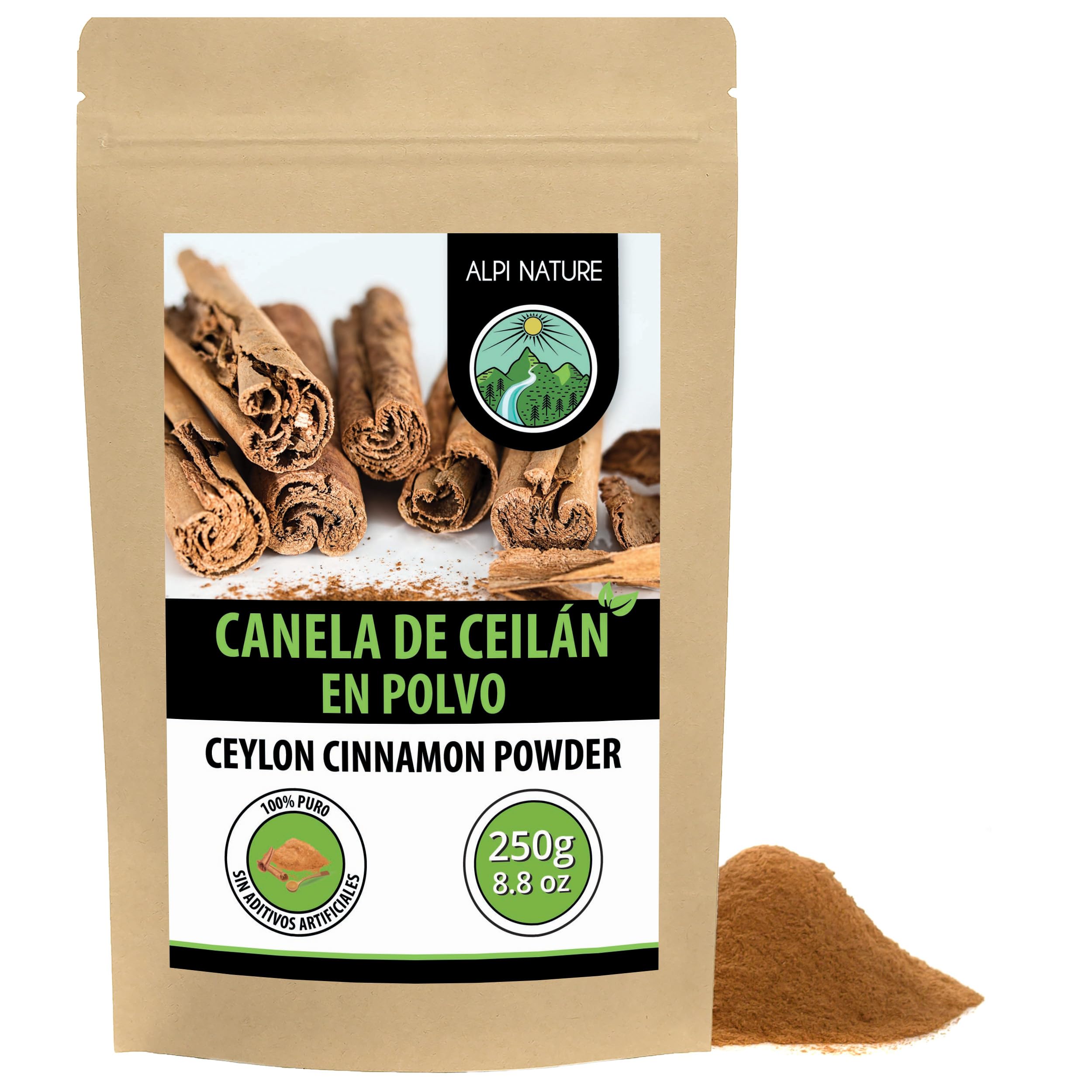 Alpi Nature Canela de Ceilán en Polvo 250g, Palitos de Canela de Ceilán Molidos en Polvo