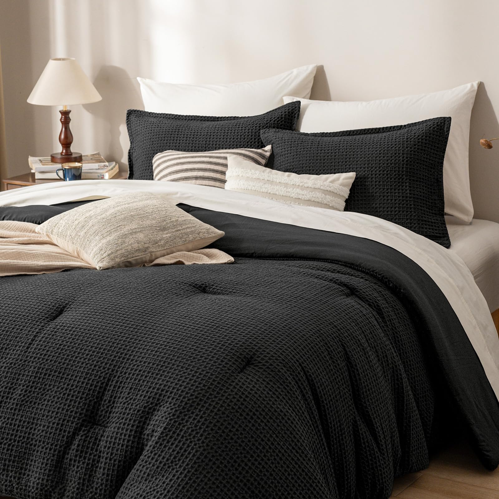 phf ultra soft waffle weave comforter set california king size, 3 pieces lightweight breathable comfy bedding set, comfy textured 1 comforter with 2 pillow shams, black