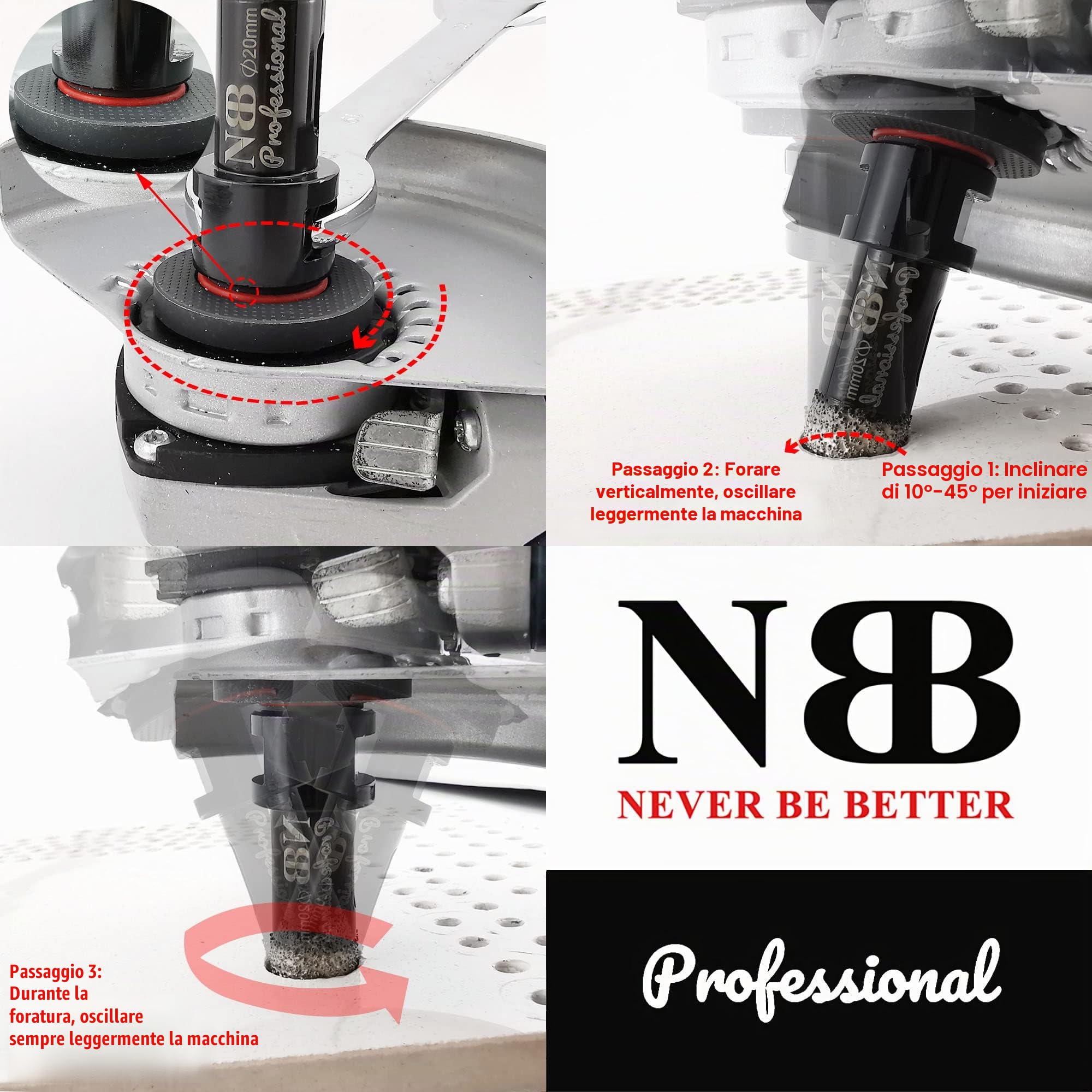 NBB Sega a tazza diamantata brasata sottovuoto con M14, per la perforazione professionale a secco o bagnato su porcellana dura, ceramica, piastrelle, granito (35mm)