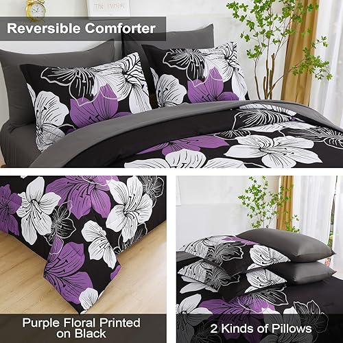 Miniatura 4 de Luxudecor Juego de edredón floral tamaño Queen, 7 piezas de cama en una bolsa, juego de edredón floral morado y sábanas, juegos de cama completos de