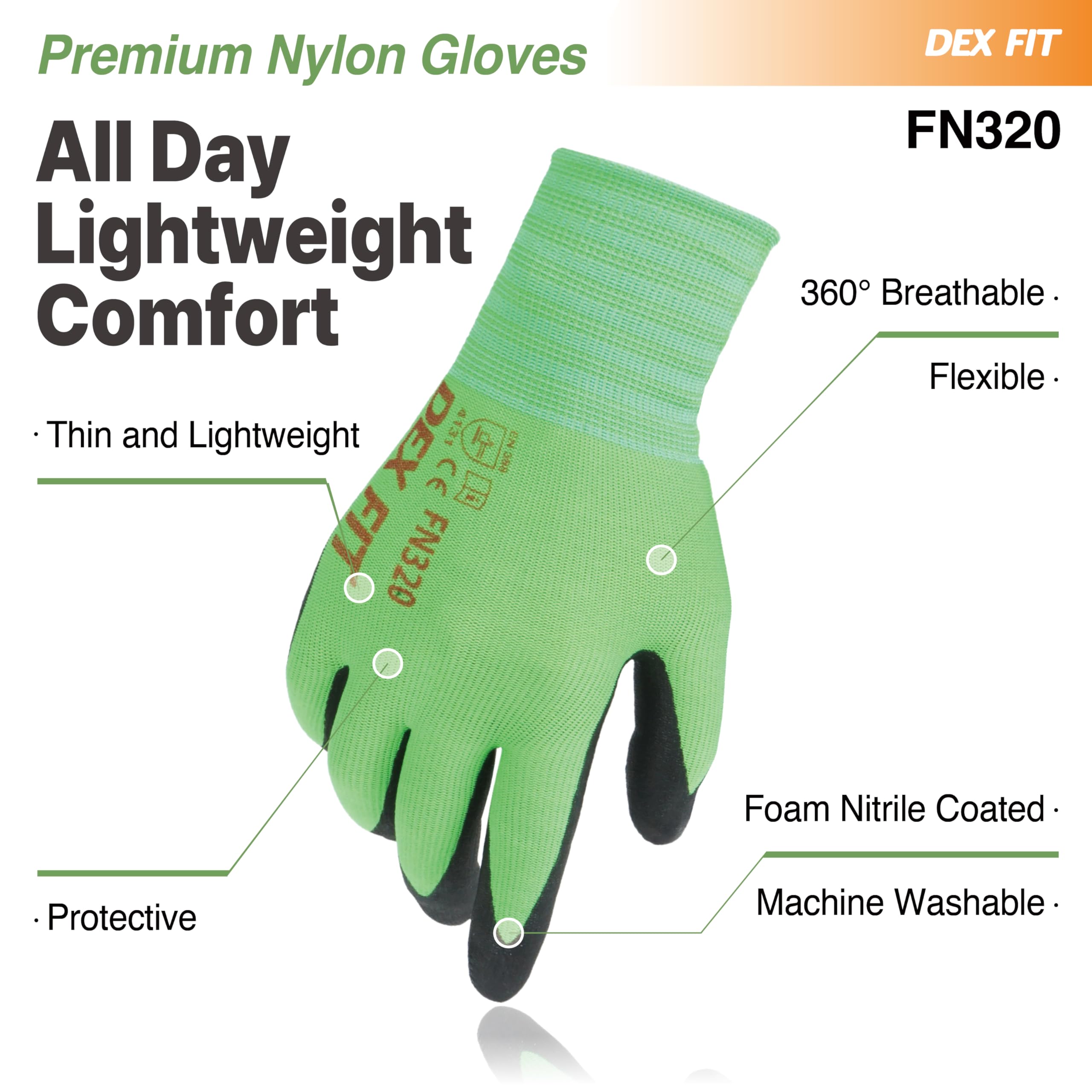 DEX FIT FN320 Gants de Travail Nylon Nitrile, Confort 3D Mains Nues, Légers & Flexibles, Grip Antidérapant, Compatibles Écran Tactile, Respirants & Lavables, Vert 8 (M) 3 paires - 5