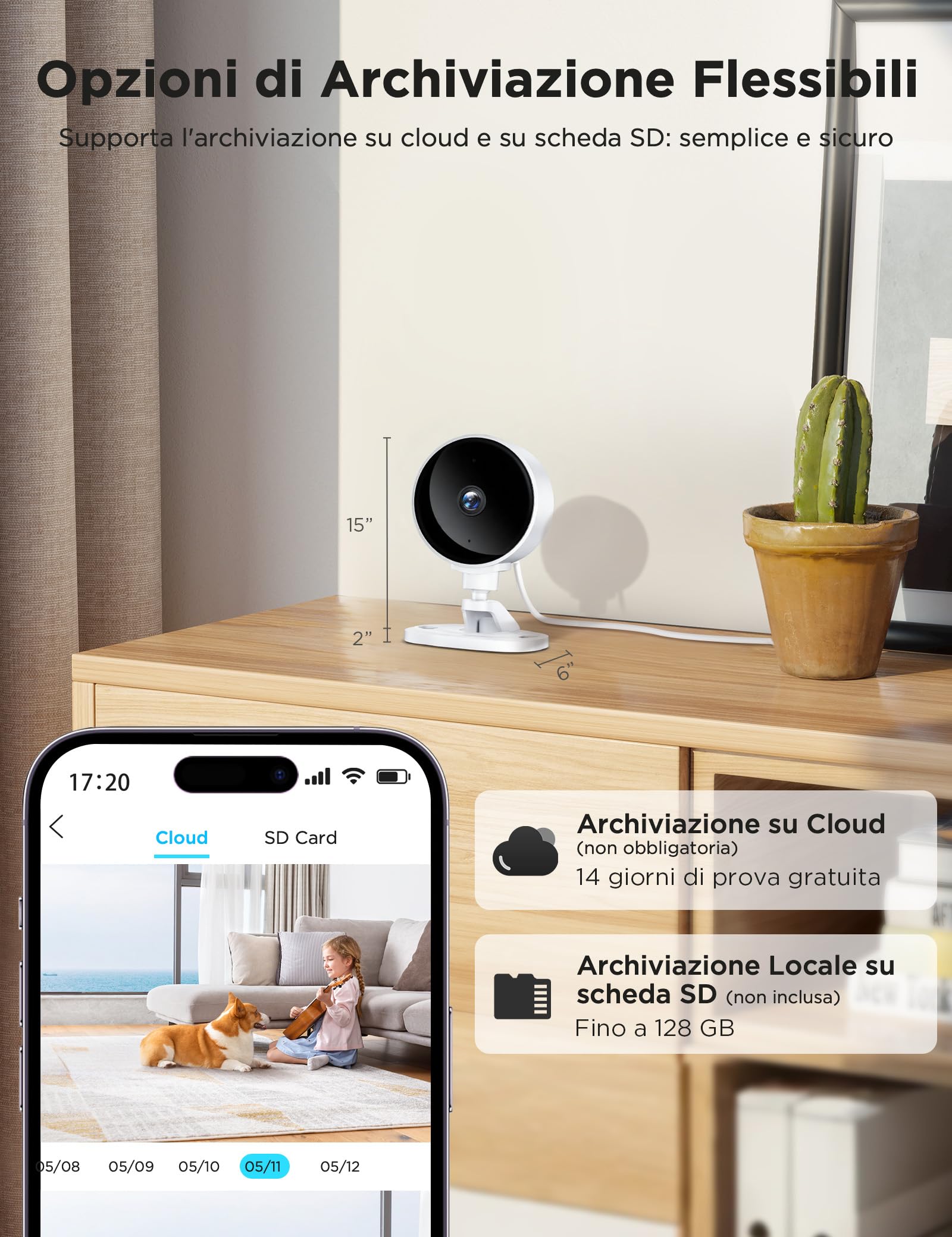 WOLFANG Telecamera WiFi Interno, Videocamera Sorveglianza 1080P, Visione Notturna, Audio Bidirezionale, Notifiche del Sensore di Movimento, scheda SD e archiviazione cloud, 360°, Confezione da 4