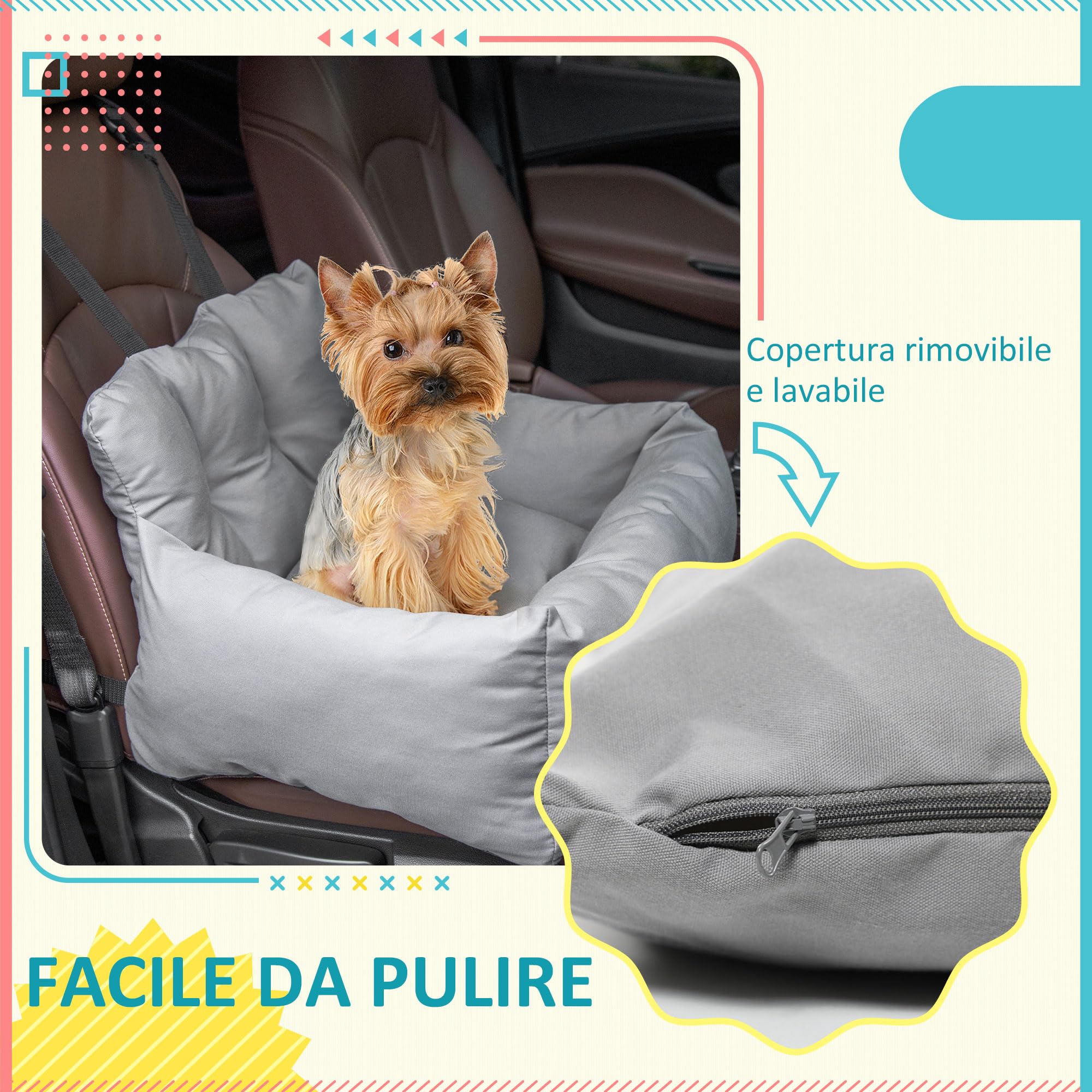 PawHut Seggiolino Auto per Cani di Piccola Taglia, Cuccia per Auto in Cotone Sfoderabile e Lavabile con Cinture di Sicurezza, Grigio Scuro