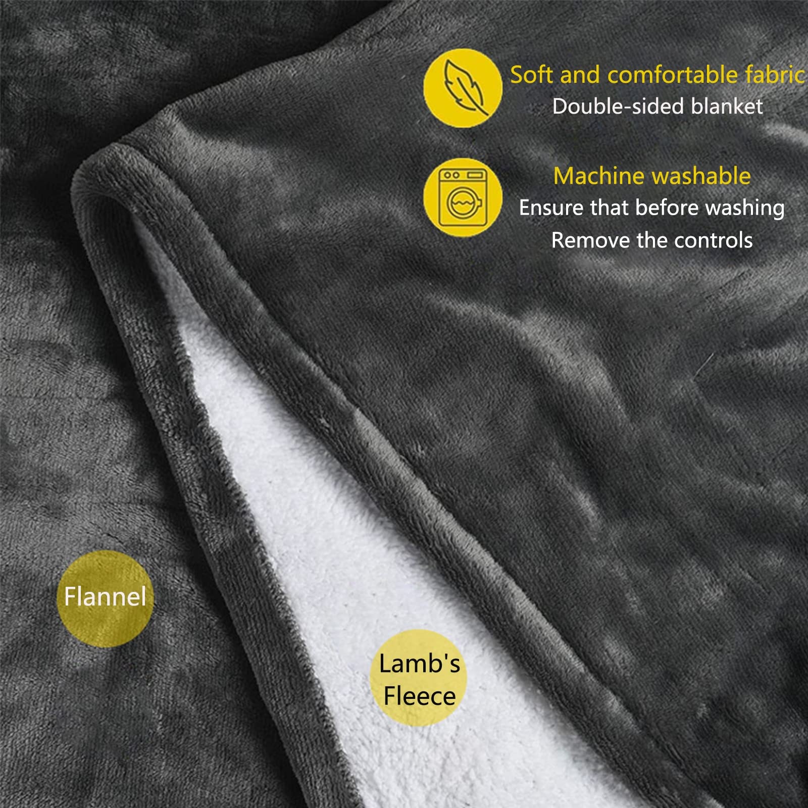 Manta Eléctrica, 6 Ajustes de Temperatura Calienta Cama, Calentador de Cama con Apagado Automático, Conector Extraíble Manta Caliente para Hogar Y Oficina,Gris,130 * 150