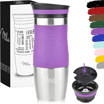 Milu Travel Mug 370ml 450ml - Insulated Coffee Cup to go - 100% Leak Proof - Stainless Steel Drinking Mug - Car Mug Double Wall Insulation Thermo Coffee Flask (Purple, 370ml)