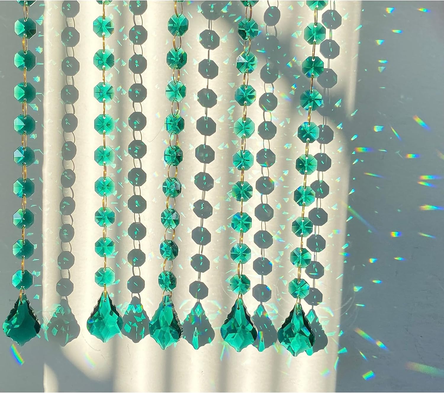 6Pieces 1Ft Double-Sided Maple Leaf Crystal Chandelier Pendants Parts Beads,Hanging Crystal Beads Chain Garland,Door Curtain,Candlestick,Party Wedding Chirstmas Decoration (Peacock Green)