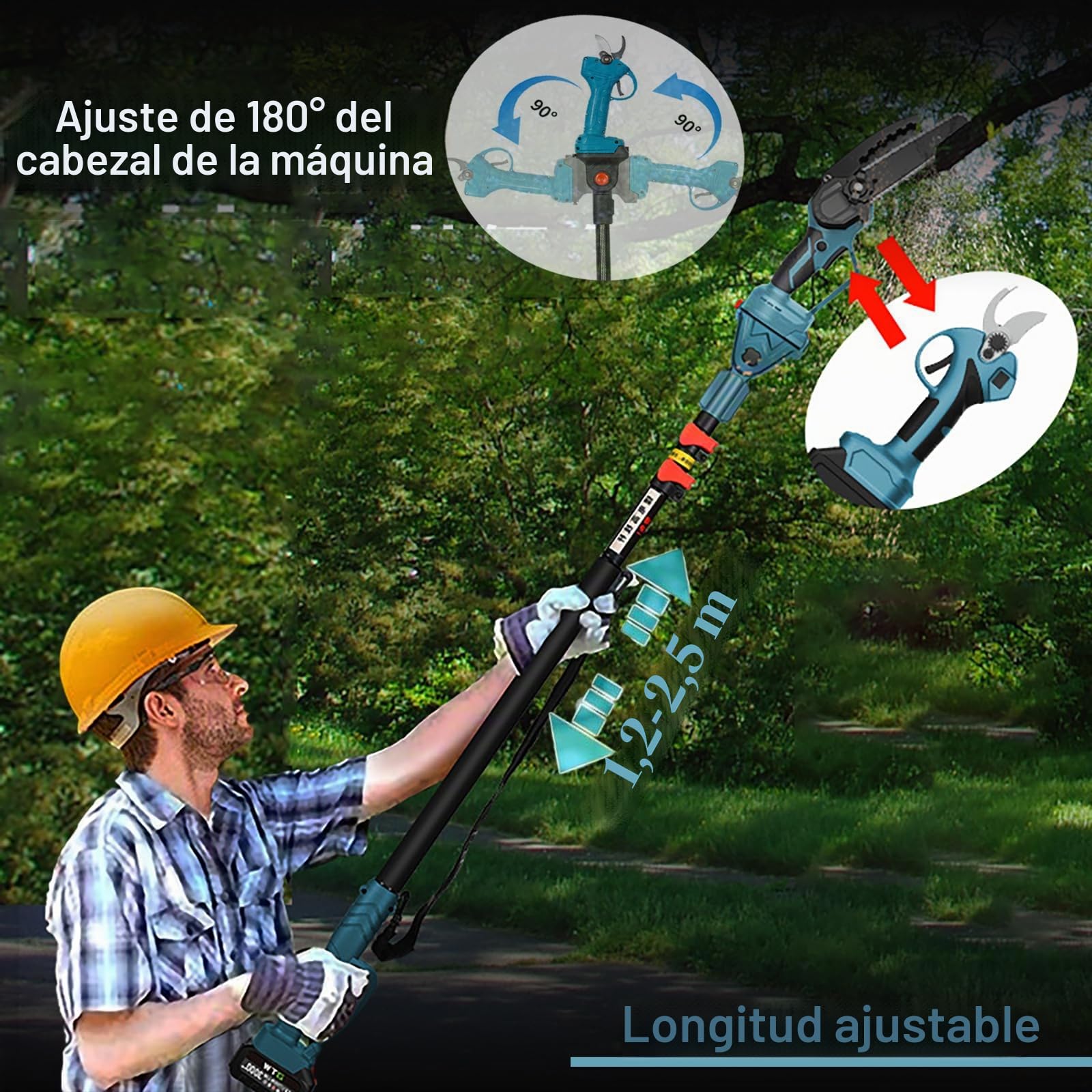 Tijeras de Podar Electricas Inalámbricas y Motosierra Electricas con Asta Telescópica de 128 a 248 cm, 4 en 1 podadora de altura con 2 baterías de 4,0 Ah (Con barra extraíble)