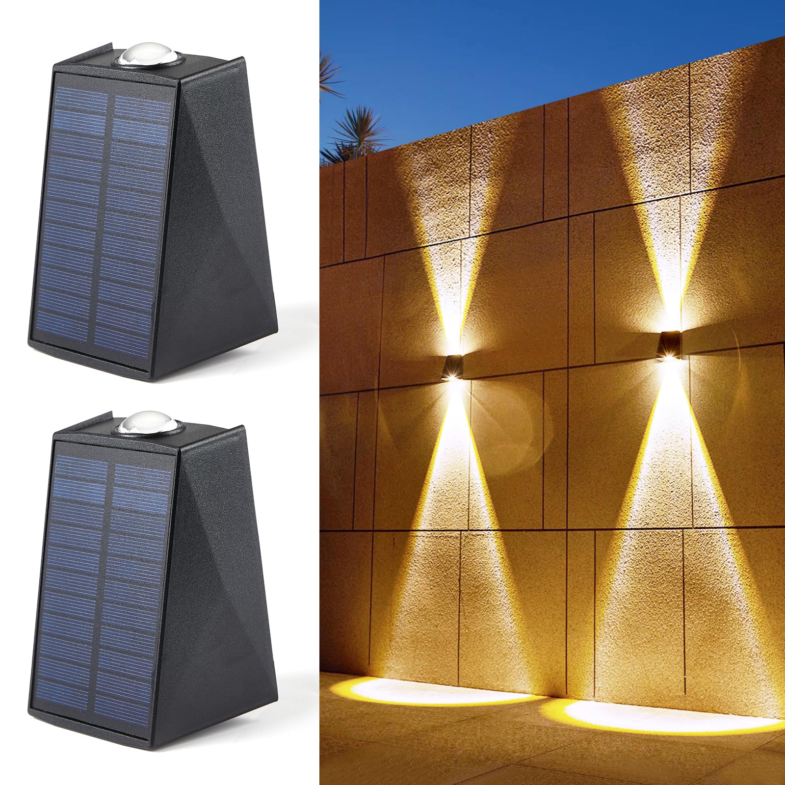 LUHLEE Solar Wall Lights Outdoor, Upgrade 2000mAh Wall Sconce IP65 Waterproof, Wall Mounted Solar Outdoor Lights for House Porch Fence Patio Pergola Garage Backyard Garden(Warm White, 2 Pack)