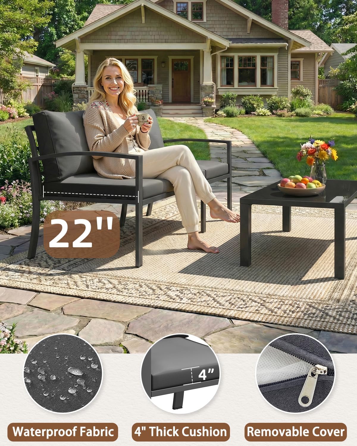U-MAX Metal Outdoor Patio Furniture Set with Waterproof Cover, 6 Pieces Outdoor Conversation Set with Coffee Table&Side Table, Outdoor Couch Sofa Modern with Dark Grey Cushions for Lawn, Backyard