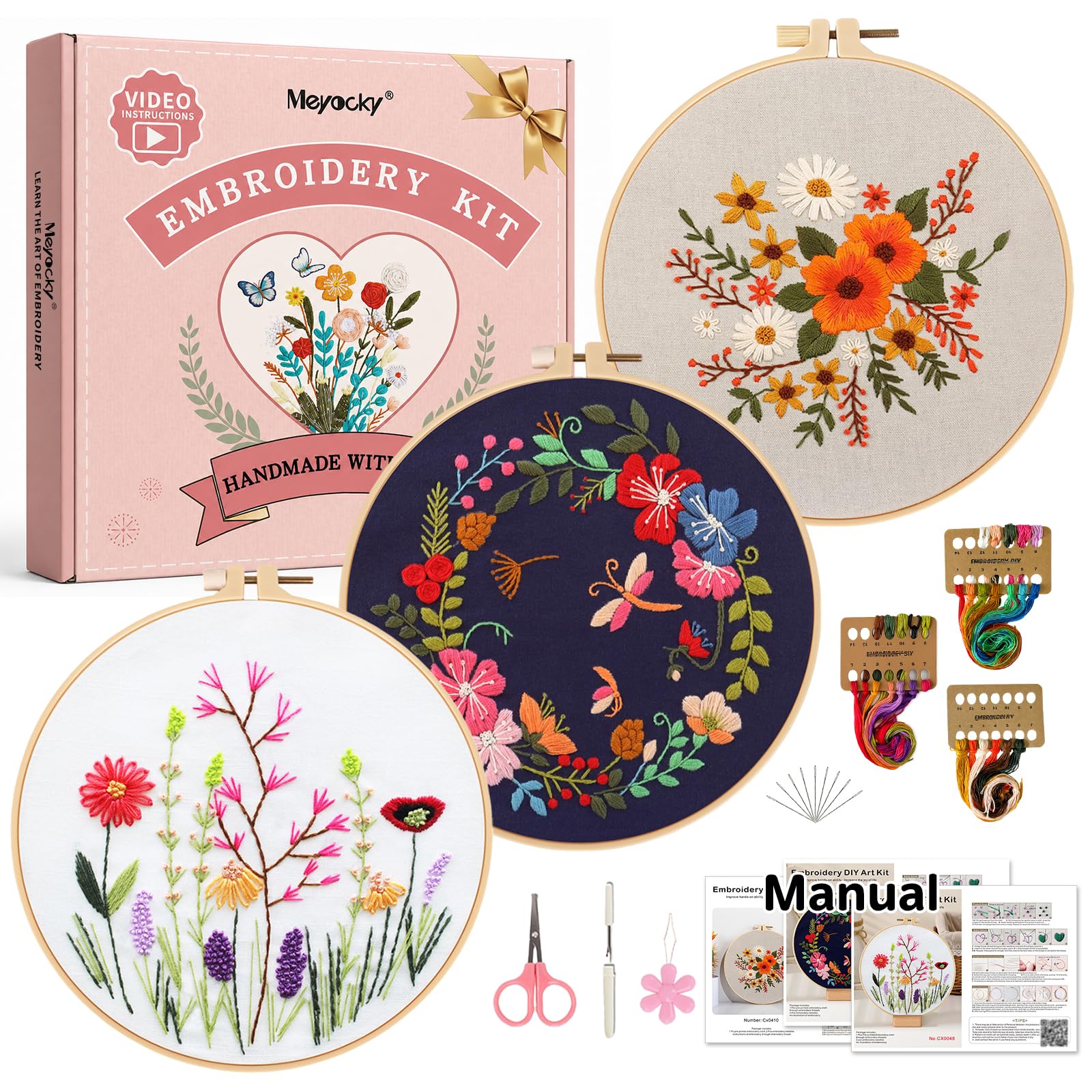 Meyocky Embroidery Kit for Beginners with Floral Leaf Patterns Stitch Video