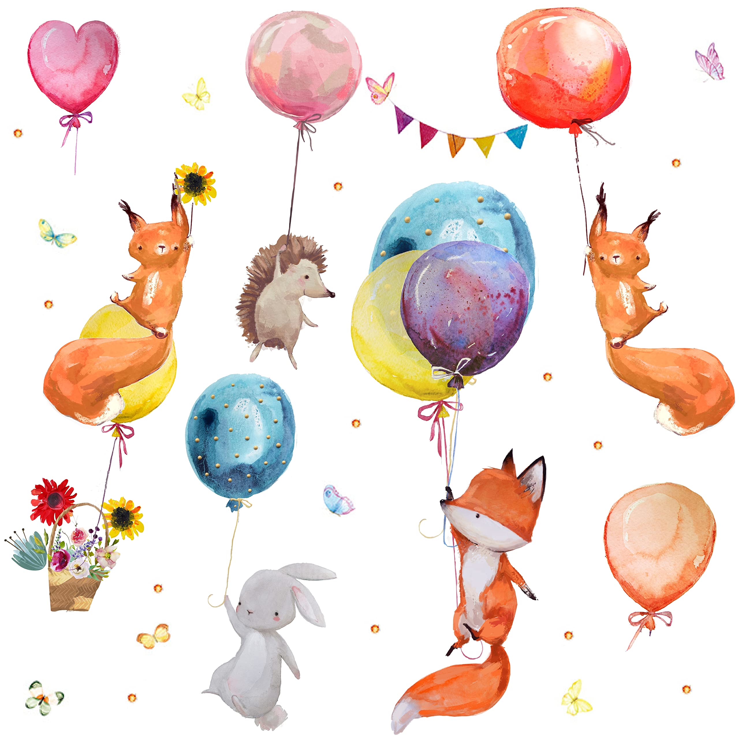 WandSticker4U®- [Acquerello] Adesivi murali bambini animali del bosco PALLONCINI & VOLPE (107x100 cm) I Adesivi da parete animali foresta coniglio giungla I Sticker muro camera da letto bambini bimba