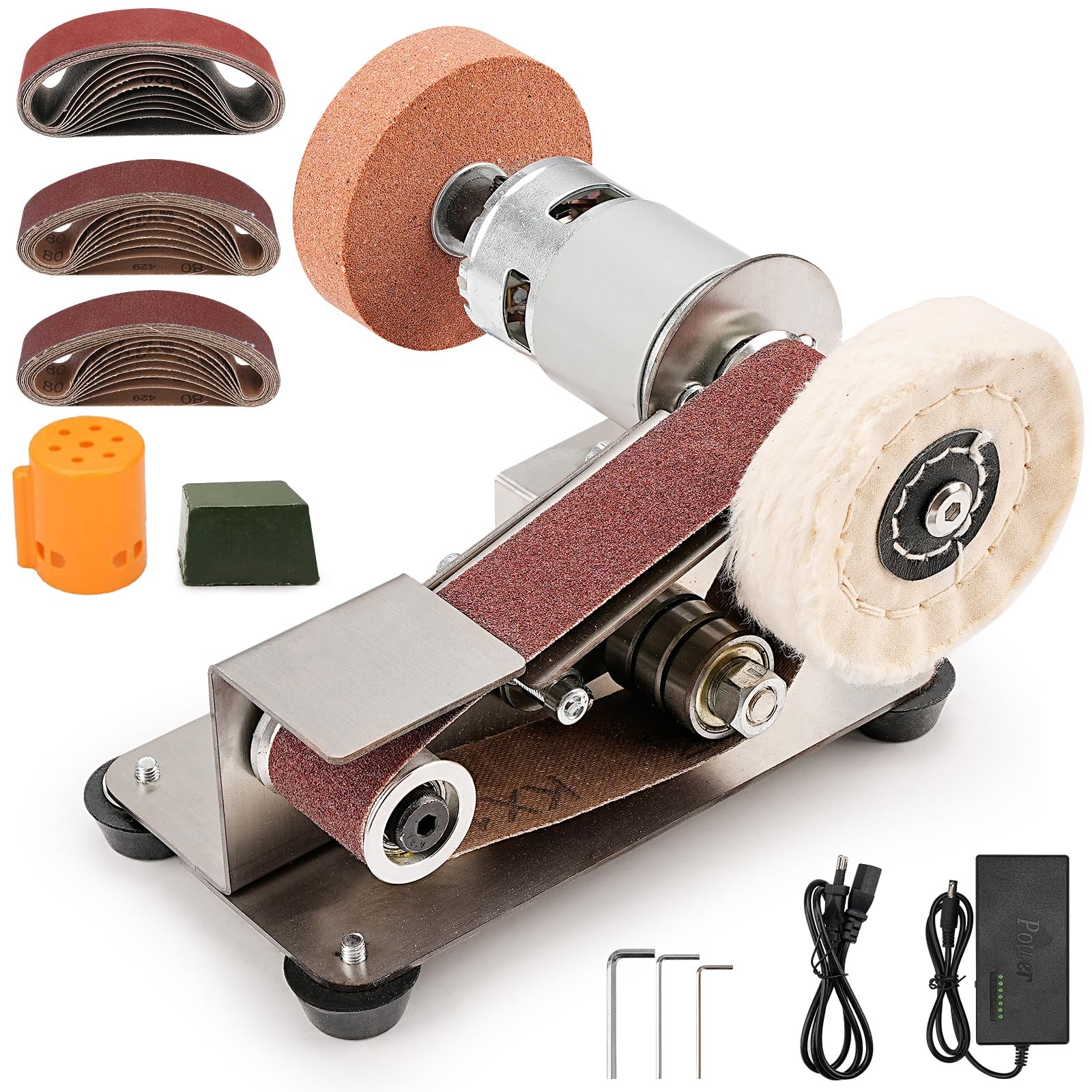 SI FANG Kit mini ponceuse à bande, Affûteurs électrique 15°, petite meuleuse d'établi à 7 vitesses, pour la fabrication de couteaux, l'affûtage des bords d'outils, le travail du bois et du métal