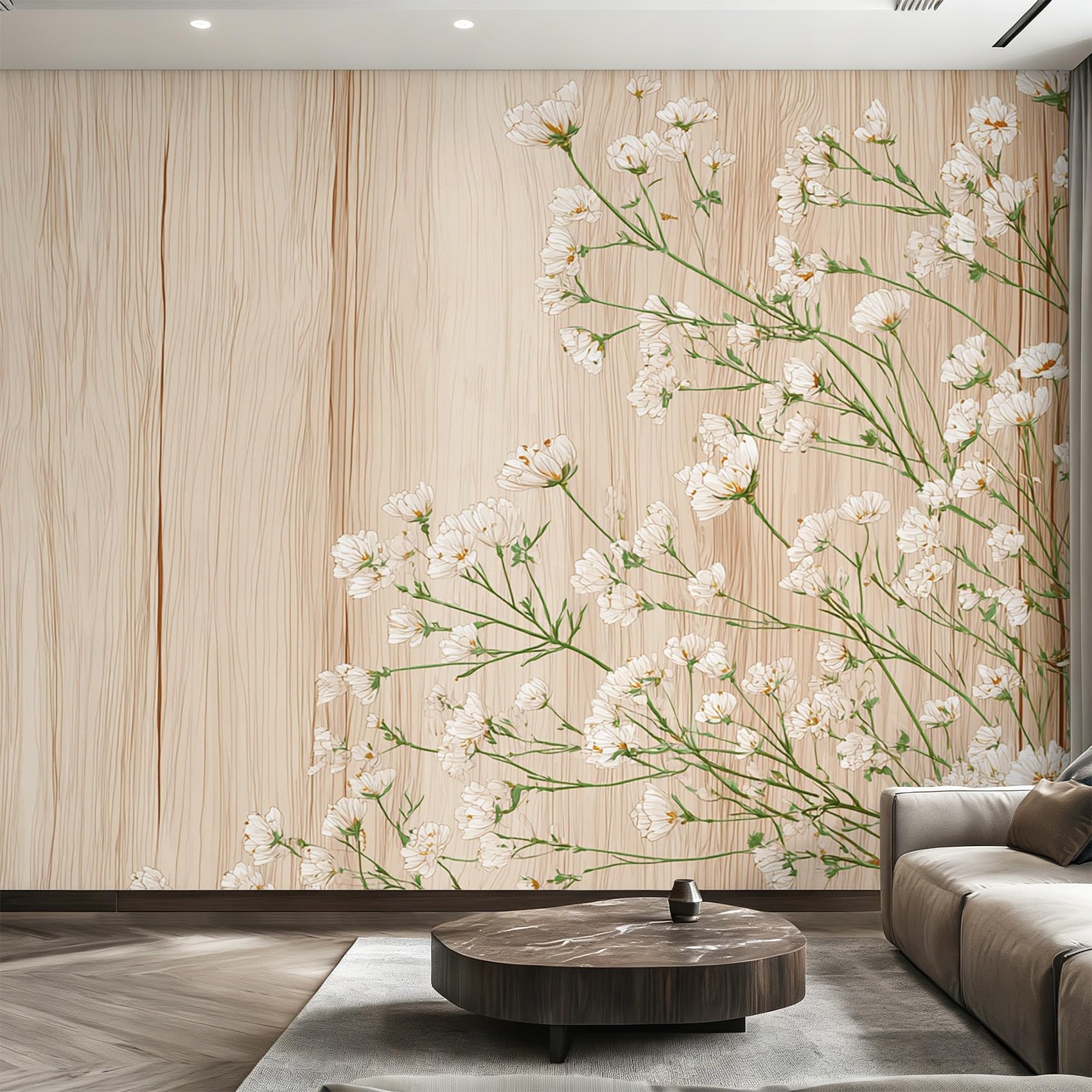 Générique Papier Peint Intissé Fleurs Sauvages, Papier Peint Panoramique Floral Ferme Grain de Bois 350x250 cm, Papiers Peints Beige Clair Vert Décoration Murale Salon Chambre w6g32