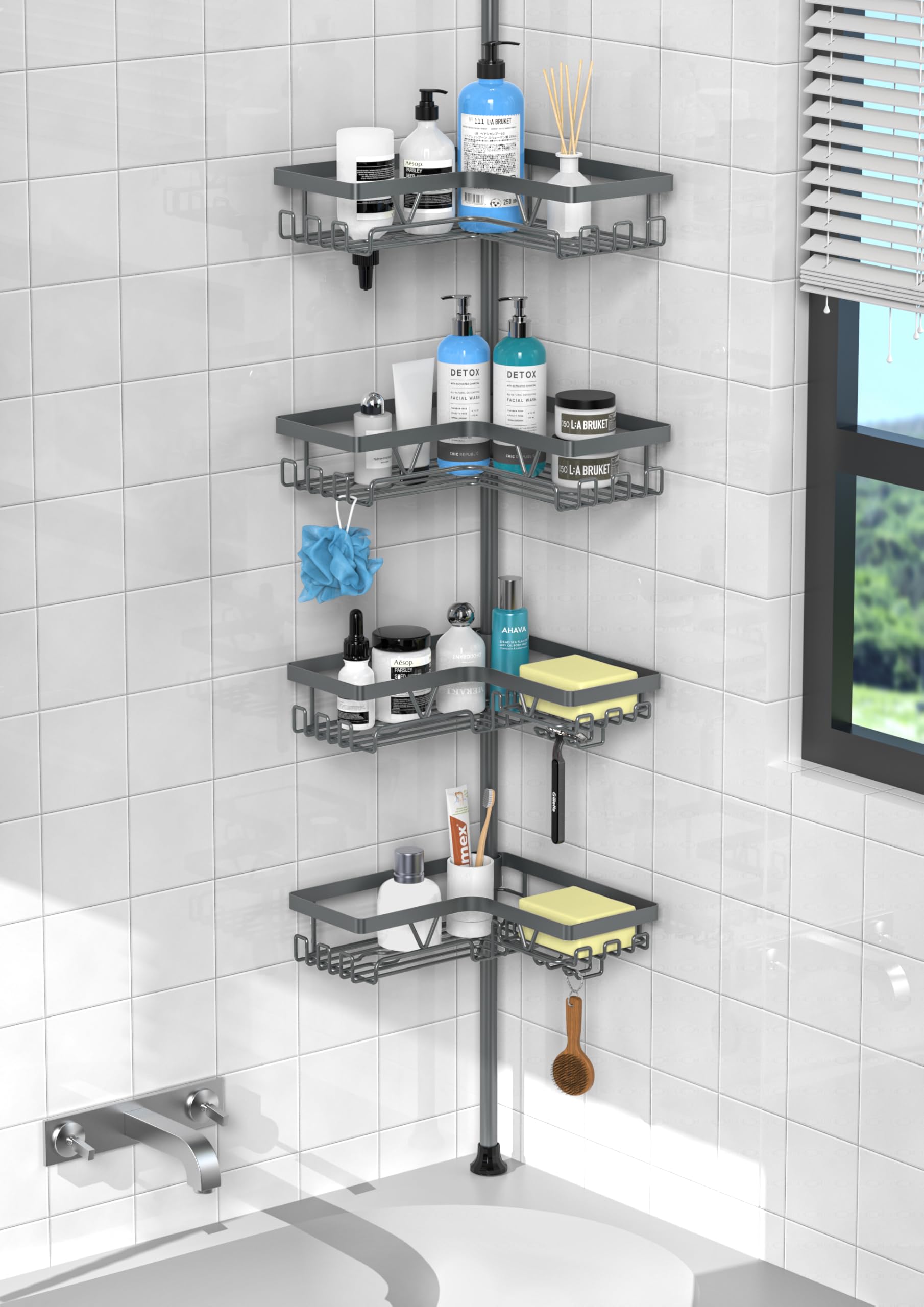 KEGII Corner Shower Caddy Tension Pole - Rustproof Tension Rod Organizer, Floor to Ceiling Shower Caddy 25-114.2 inch, Bathroom Storage Rack Corner Waterproof, Dark Gray