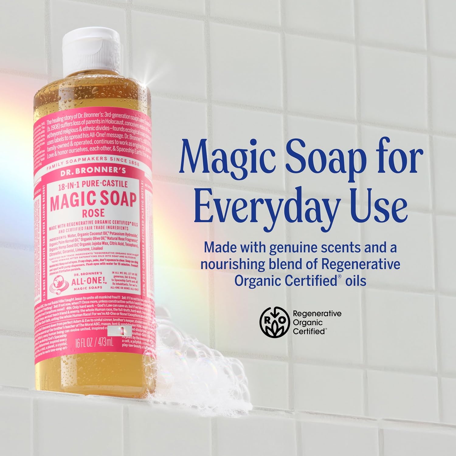 Dr. Bronner's Pure-Castile Magic Liquid Soap (Rose, 32 Ounce, 2-Pack)- Made with Regenerative Organic Certified Oils, 18-in1 Uses: Face, Hair, Hand & Body Soap, Laundry, Pets- Concentrated, Vegan - Image 2