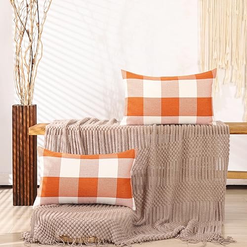 Miniatura 5 de Juego de 2 fundas de almohada lumbar de otoño a cuadros naranja quemado de 12 x 20 pulgadas, almohadas lumbares de Halloween de 12 x 20 pulgadas,