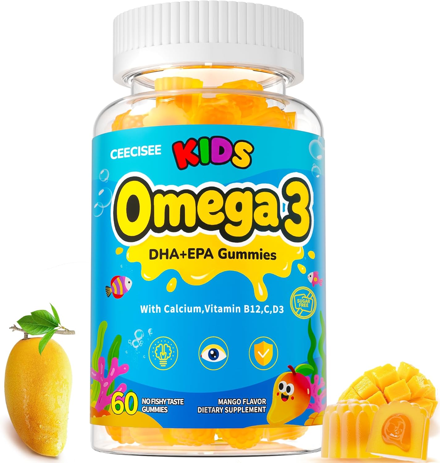 Organic Kid’s Omega-3 Gummies: Chewable Fish Oil Alternative Vegan Omega 3 Fatty Acid Supplement with DHA EPA Vitamin D3 B12 Calcium Magnesium - Focus Immune Health Support for Kids(60count)