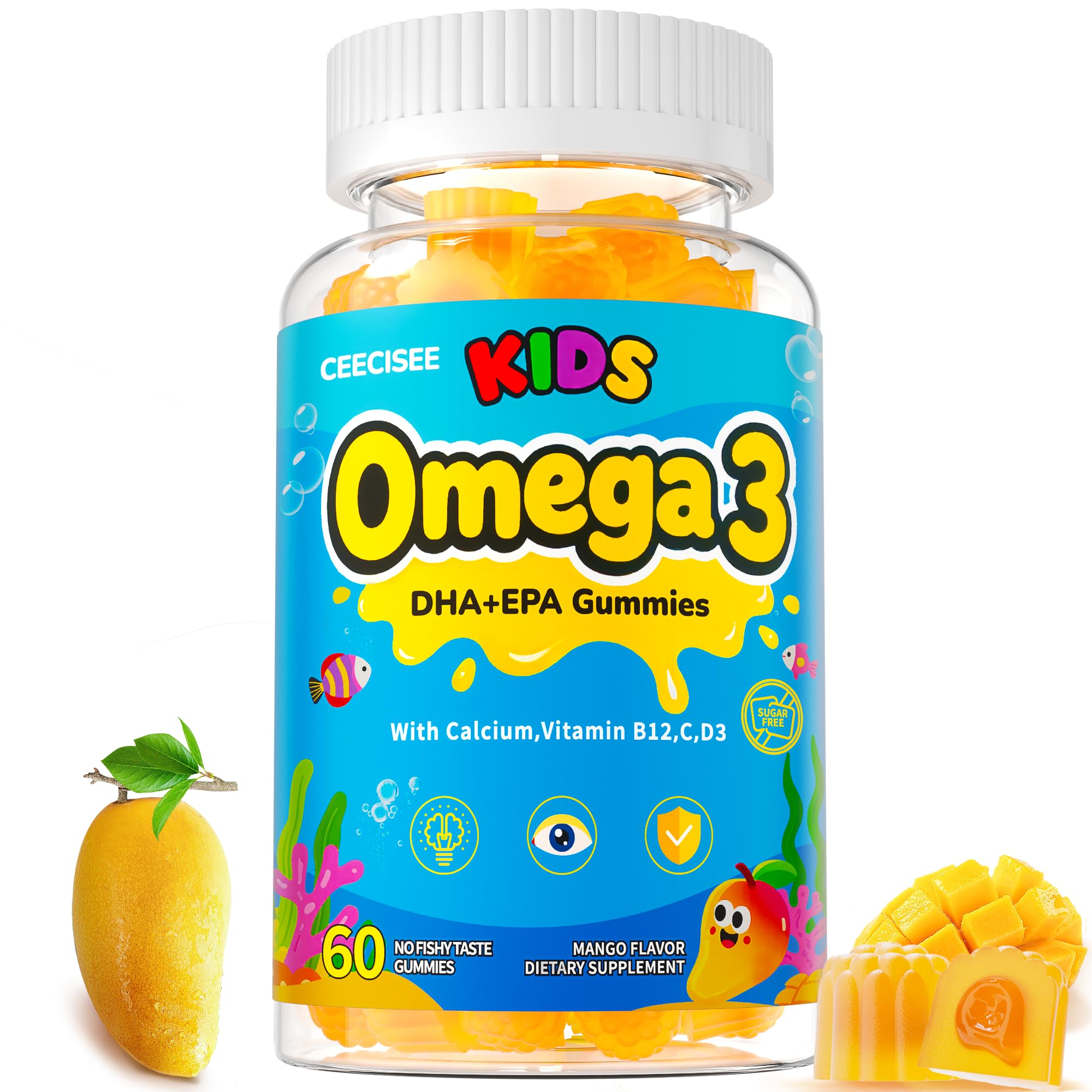 Ceecisee Suplemento de Ômega-3 de algas em gomas sabor manga com DHA e EPA, 60 gomas