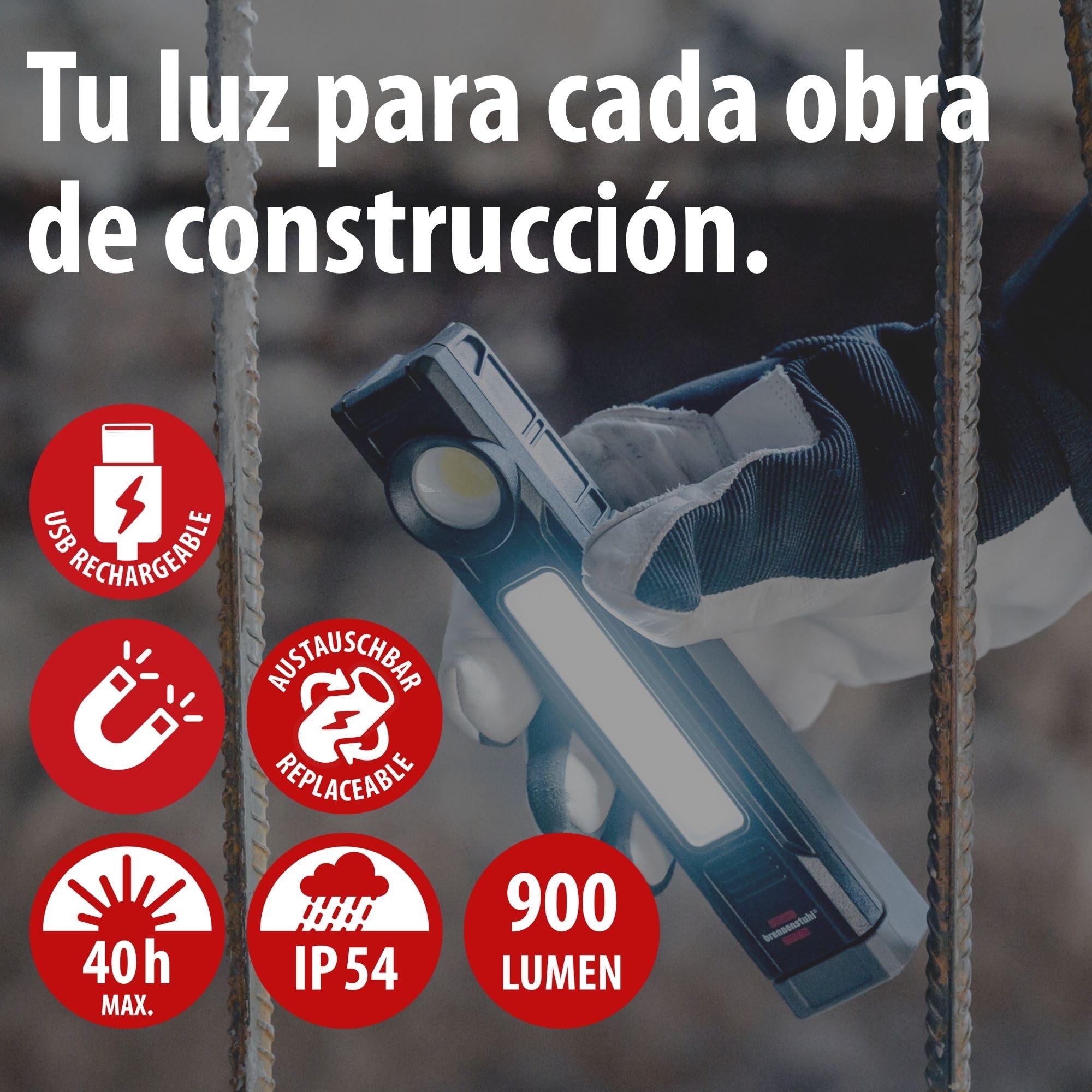 Brennenstuhl Linterna de taller LED recargable HL 900 A/Lámpara de trabajo con imán (3 fuentes de luz, 900lm, IP54, hasta 40h de duración, batería intercambiable, asa 130°, 6500K)
