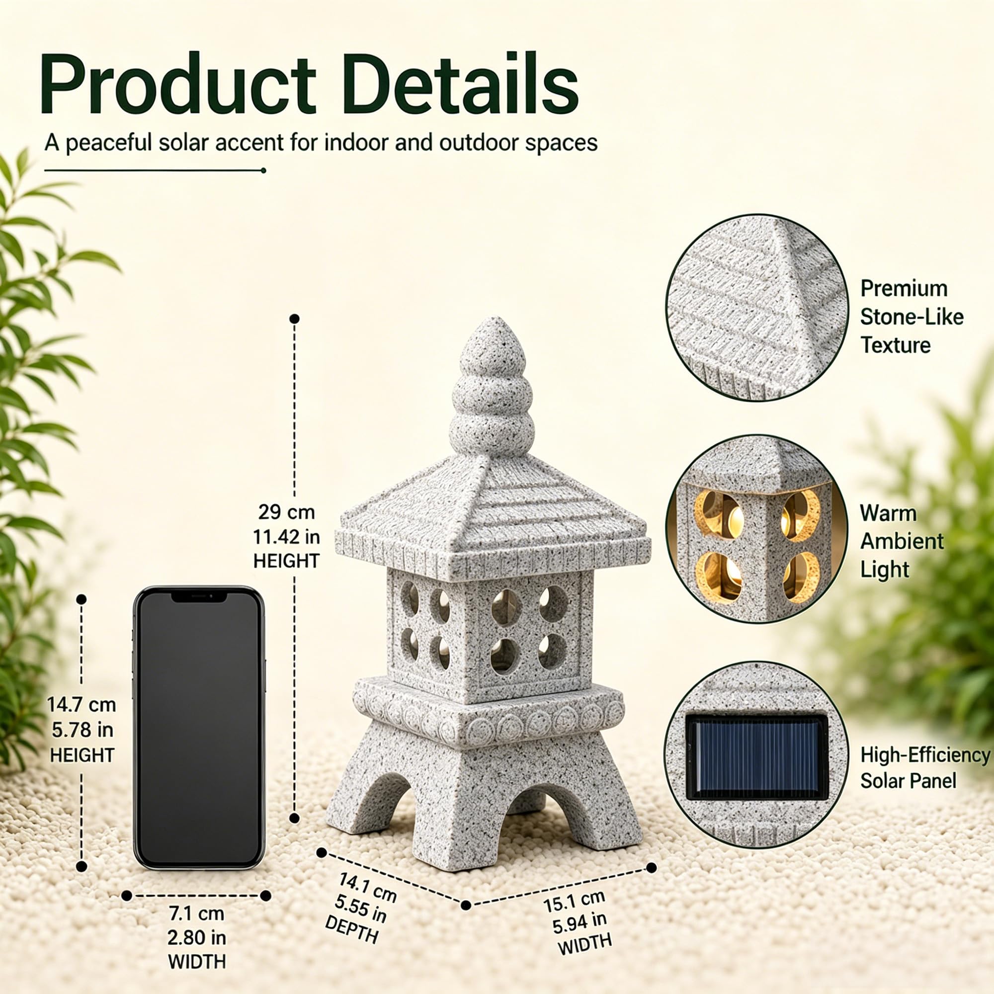 Yeomoo Pagoda solar con iluminación LED, decoración de jardín zen de piedra de resina, para jardín, terraza e interior, resistente a la intemperie, para mujeres y hombres, 29 cm