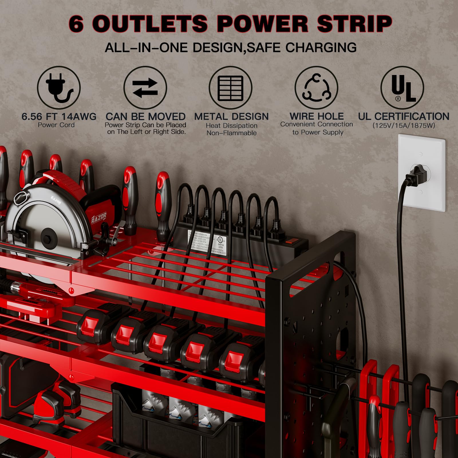 NattyDot Power Tool Organizer Wall Mount with Charging Station 4 Layer 6 Slot Cordless Drill Holder with Angle Grinder Holder (Red)