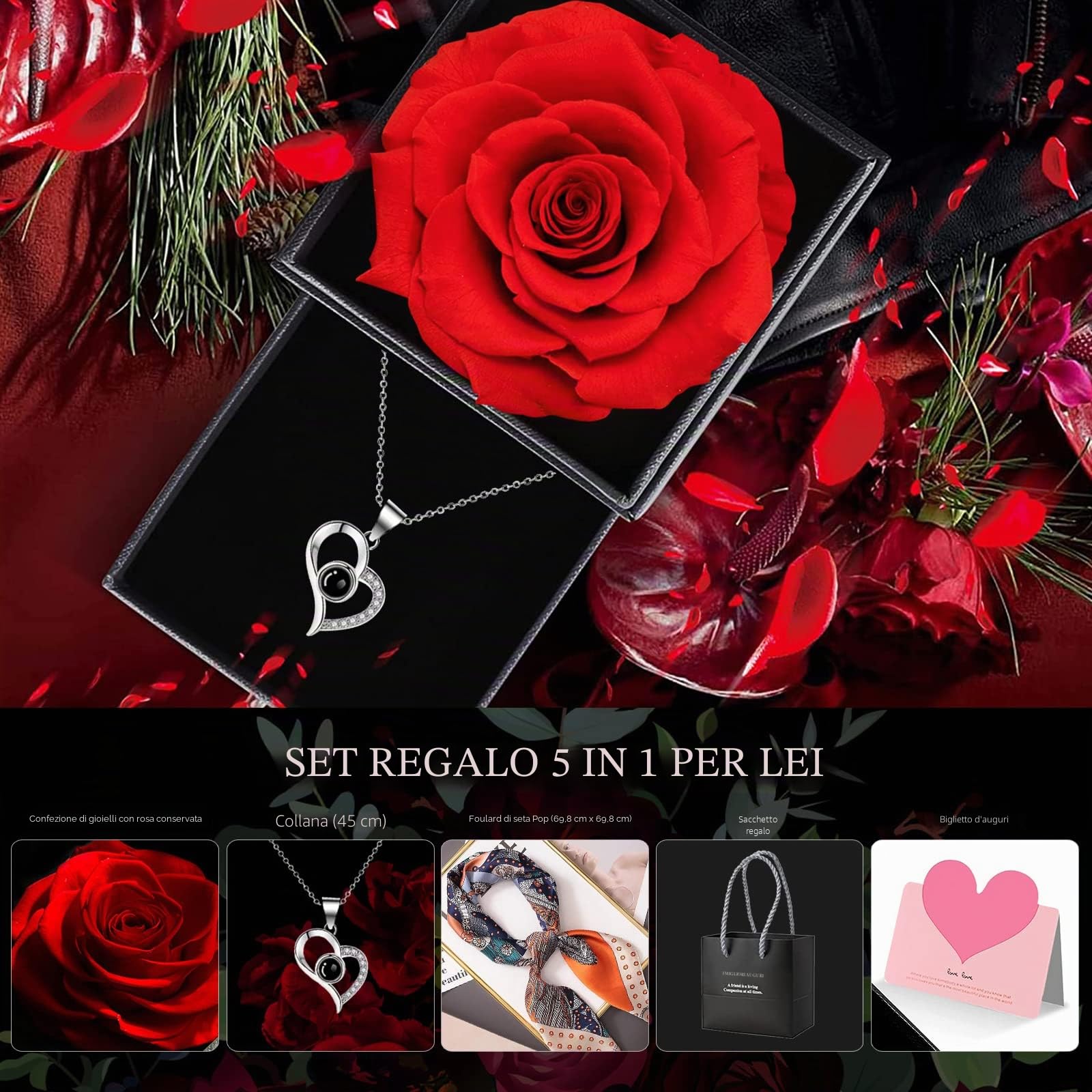 GOICC Rosa Eterna Collana Regalo per Lei I Love You Festa della Mamma San Valentino Compleanno Anniversario (Rosso)