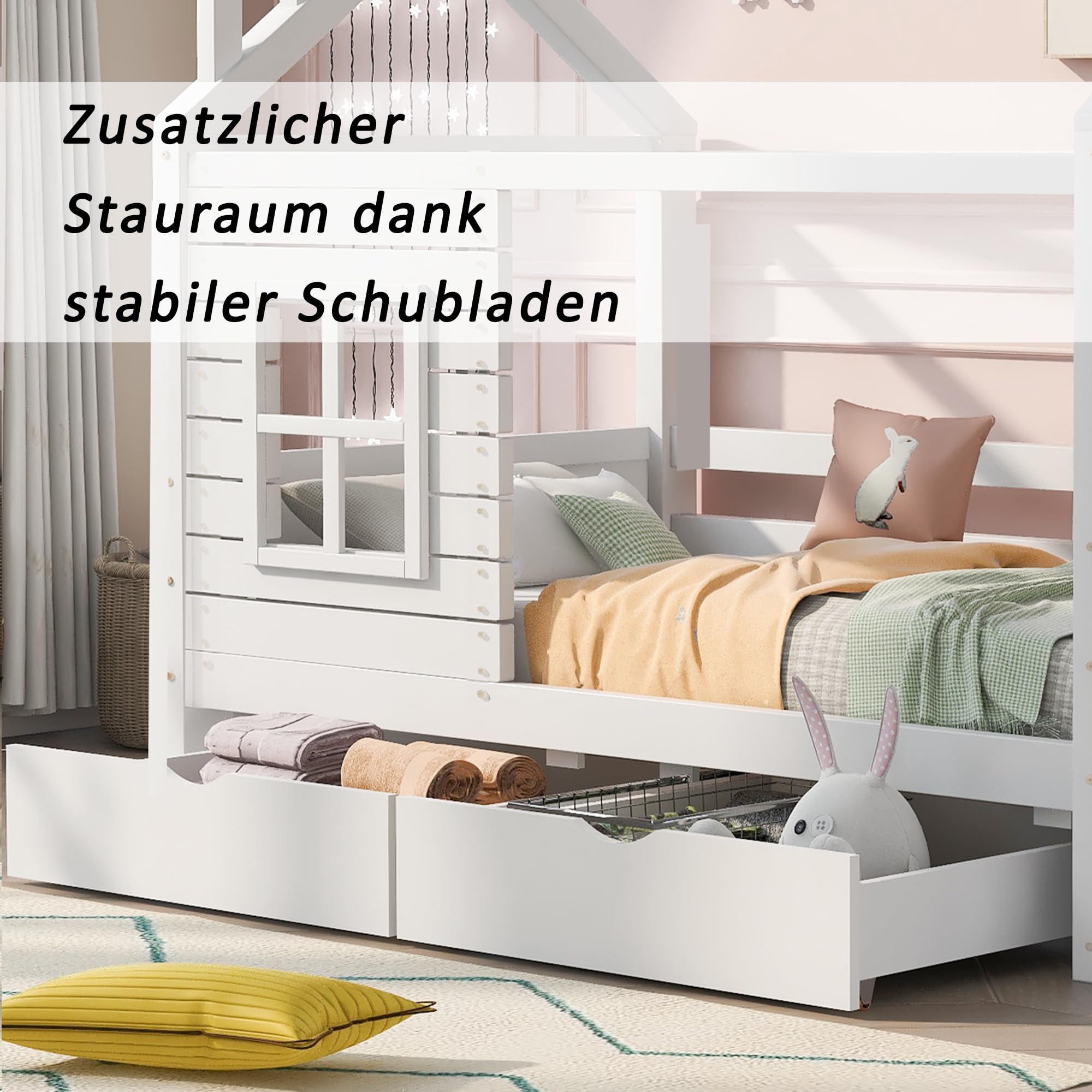 HESHU Kinderbett Hausbett 90x200 cm, Bettgestell mit Fenstern und 2 Schubladen, Kinderbett mit Dach, Massivholz Bett mit Rausfallschutz und Lattenrost, ohne Matratze, Weiß