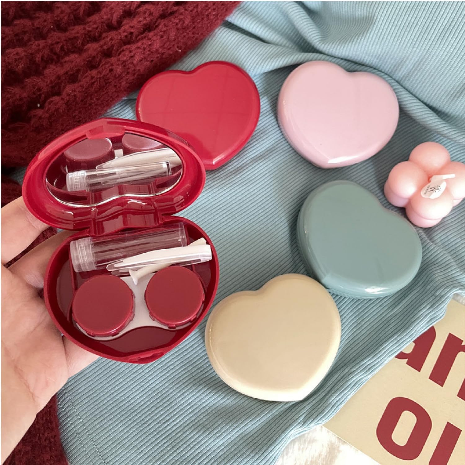 4 Pack Heart Shape Contact Lens Cases, Travel Eye Contacts Case Box Holder, Portable Contact Lenses Tweezers Remover Tool Solution Bottle Kit for Daily Outdoor Traveling (Assorted Color-2) image 3