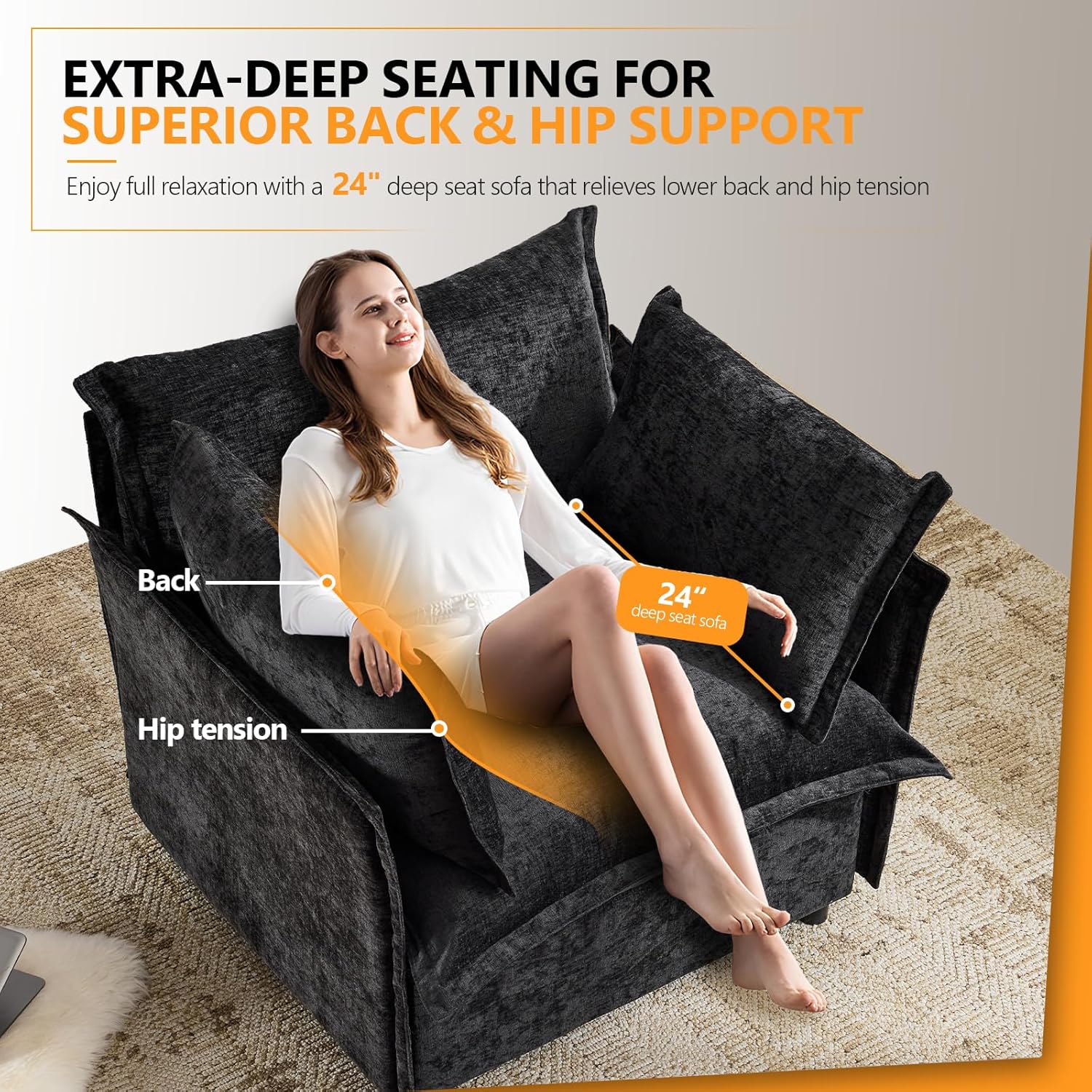 VINGLI Black Accent Chair 34" Width Oversized Reading Chair Upholstered Armchair Soft Chenille Fabric Living Room Chairs Sofa for Adults Bedroom, Home Office, Play Room