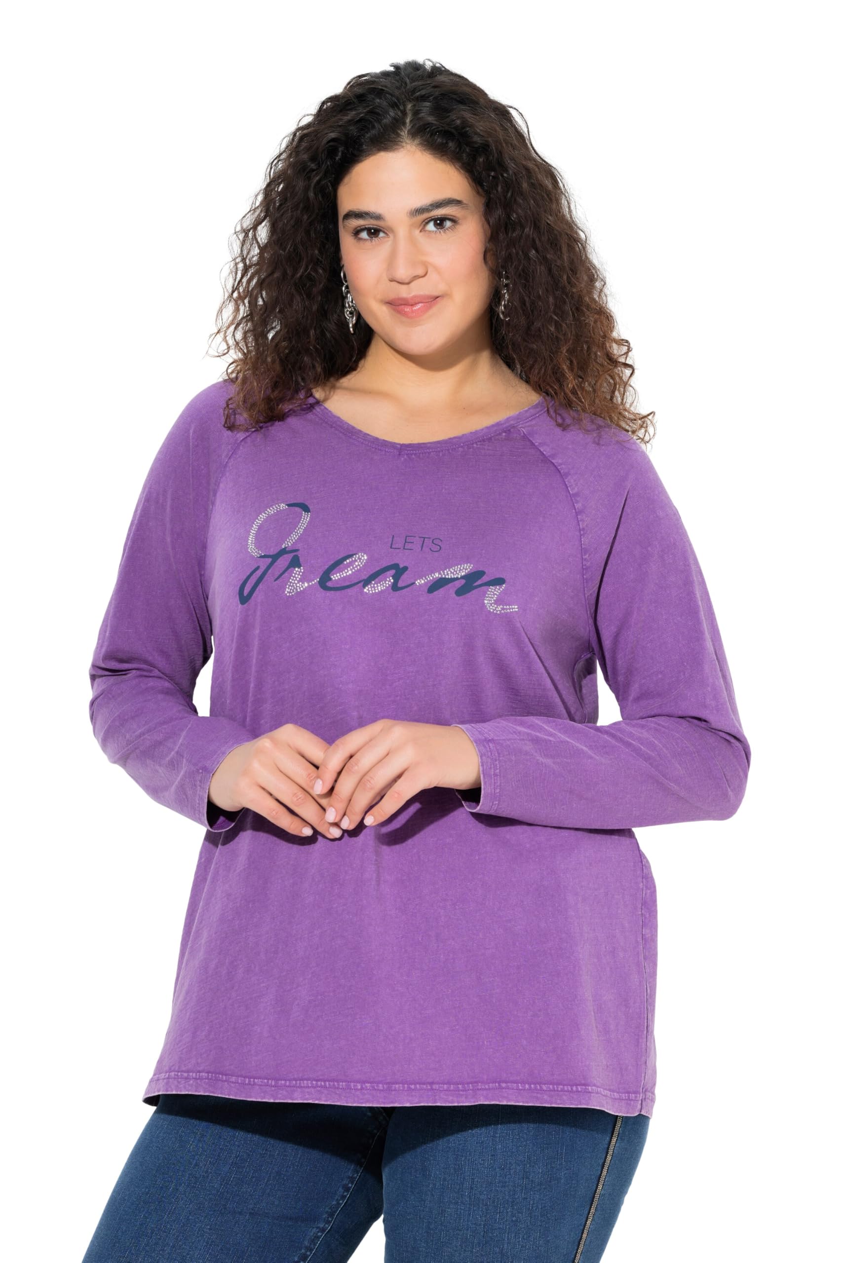 Ulla Popken Damen große Größen Übergrößen Plus Size Shirt, Vintage-Look, A-Linie, V-Ausschnitt, Langarm 842034