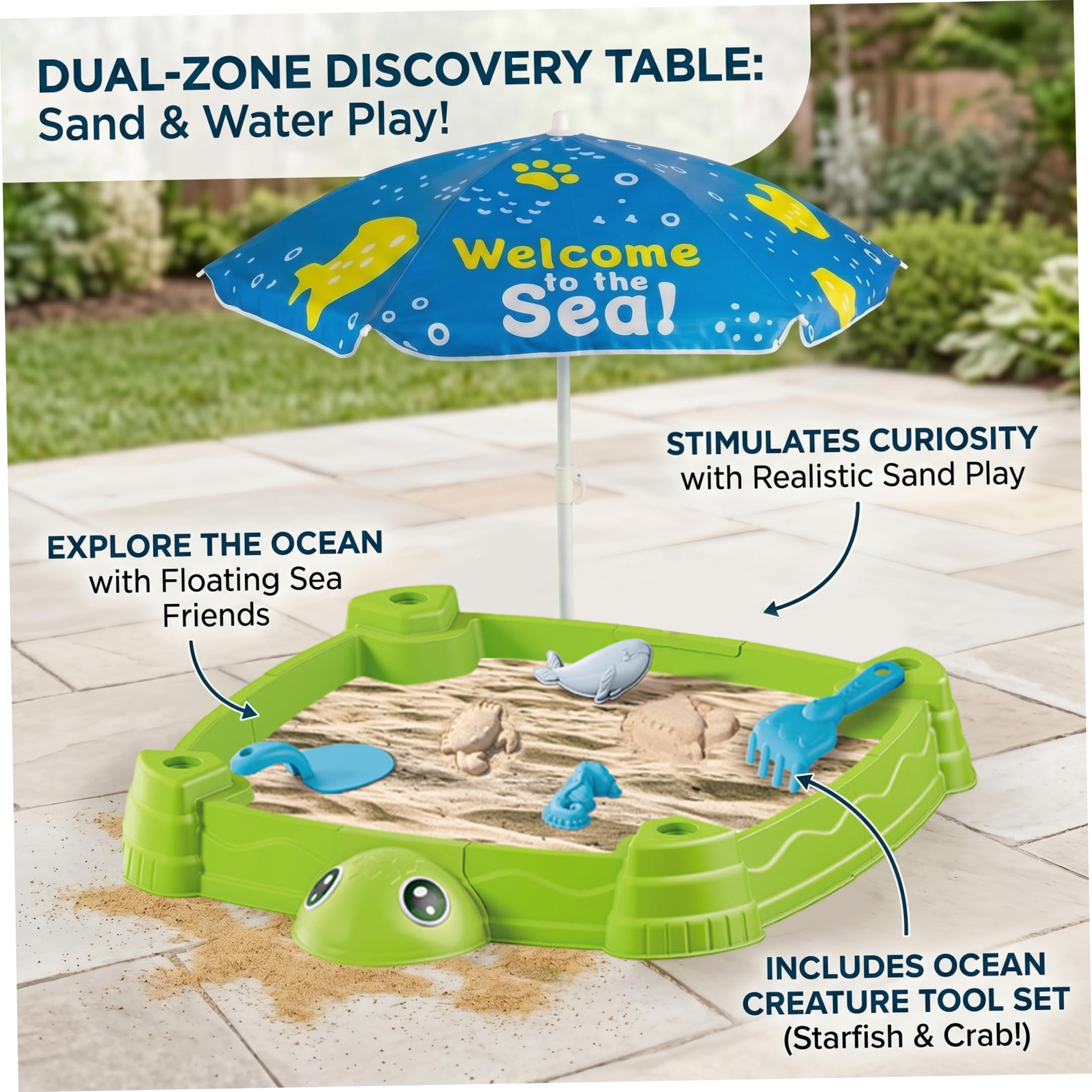 Wassertisch mit Regenschirm, Wasser- und Sandtisch in Schildkrötenform, Sandkasten zum Spielen im Freien mit Deckel für Kleinkinder
